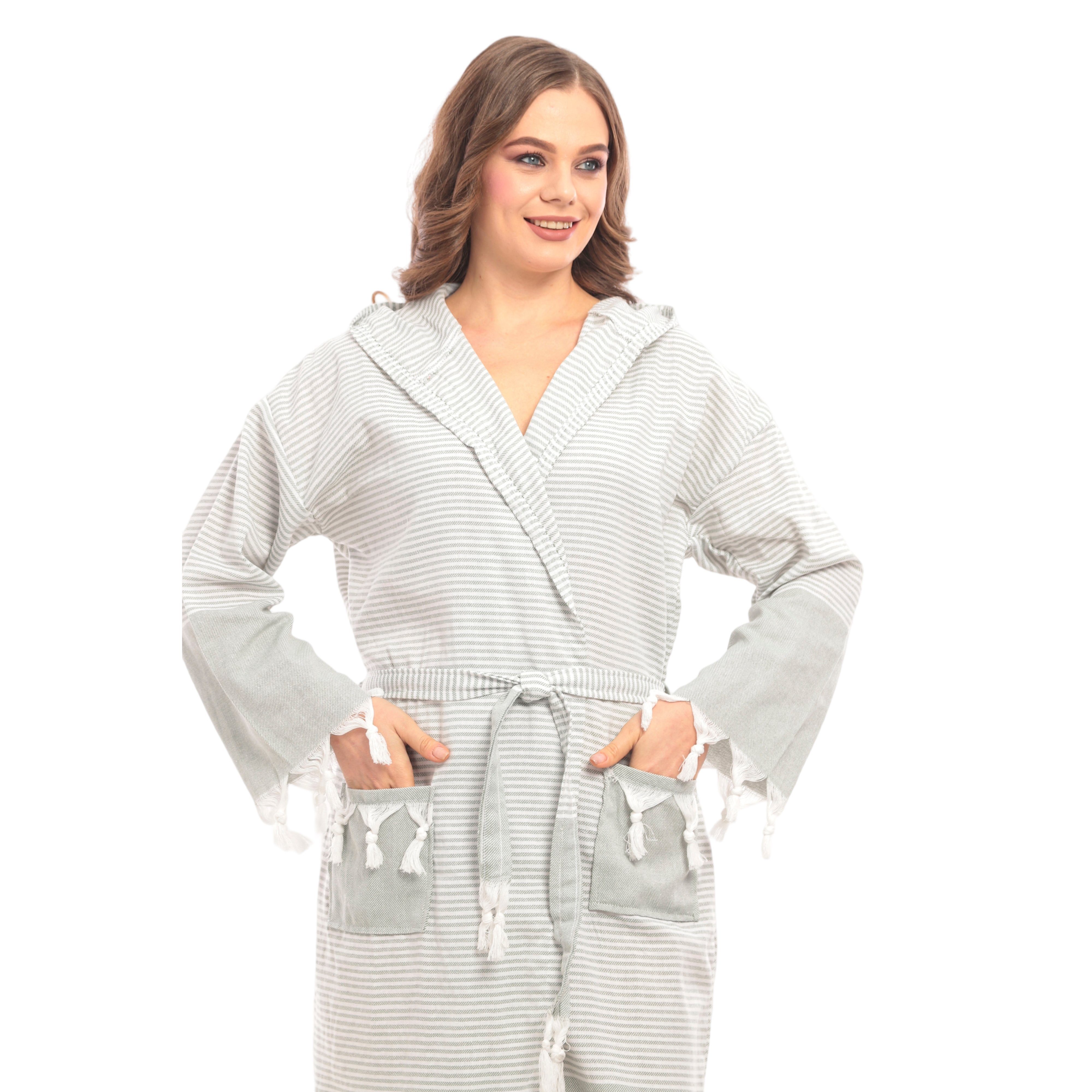 herémood Bademantel herémood Bademantel Damen & Herren Unisex – Weich & Leicht, Langform, 100% Baumwolle, mit Kapuze, & Gürtel, Hamamtuch-Stil mit Taschen – Ideal für Sauna, Spa, Hotel & Zuhause