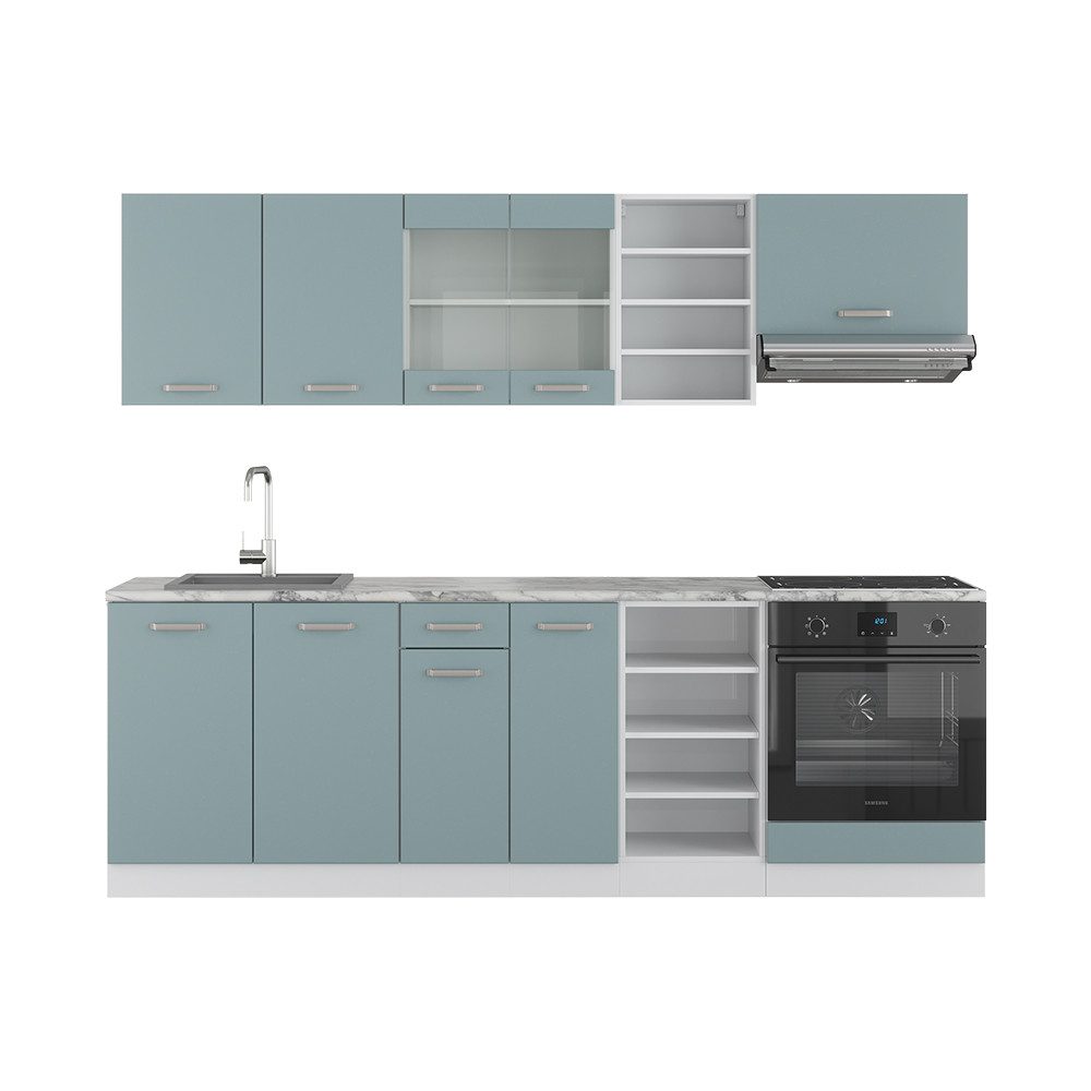Livinity® Küchenzeile R-Line, Blau-Grau/Weiß, 240 cm, AP Eiche