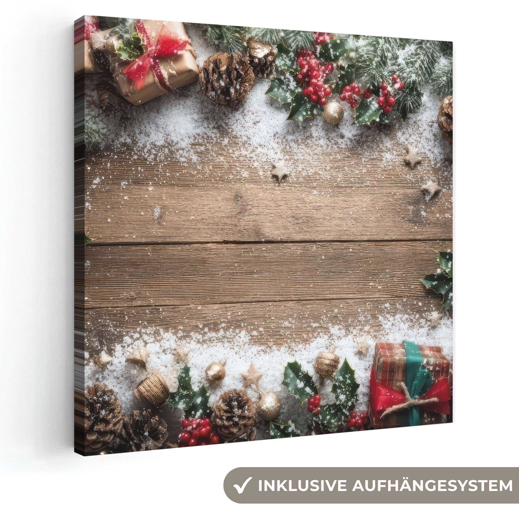 OneMillionCanvasses® Leinwandbild Weihnachtsdekoration - Geschenke - Holz - Mehrfarbig, Fotodruck (1 St), Wandbild, Deko Schlafzimmer Wohnzimmer Flur 20x20 cm
