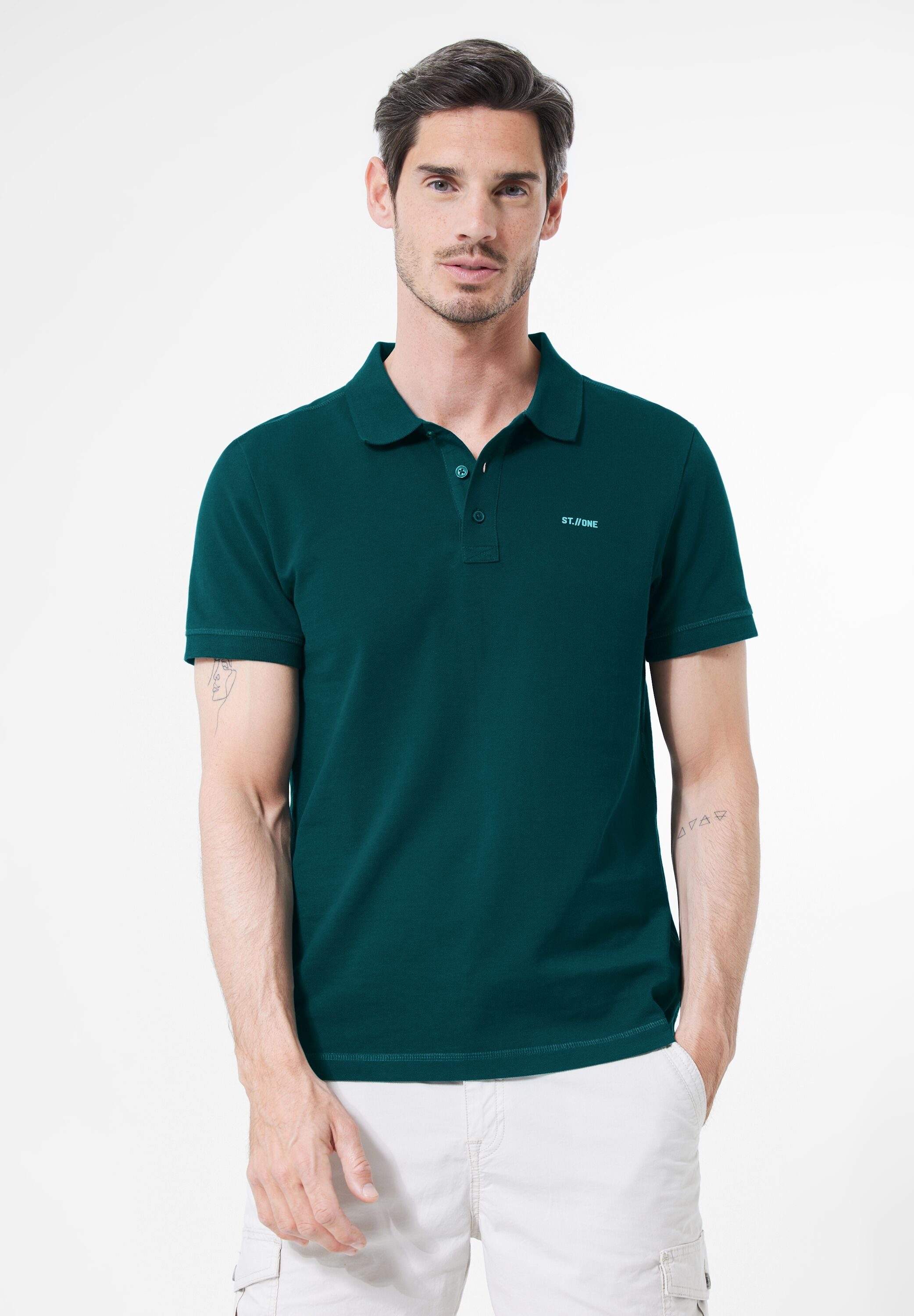 STREET ONE MEN Poloshirt in Unifarbe, Gummiertes Label Print