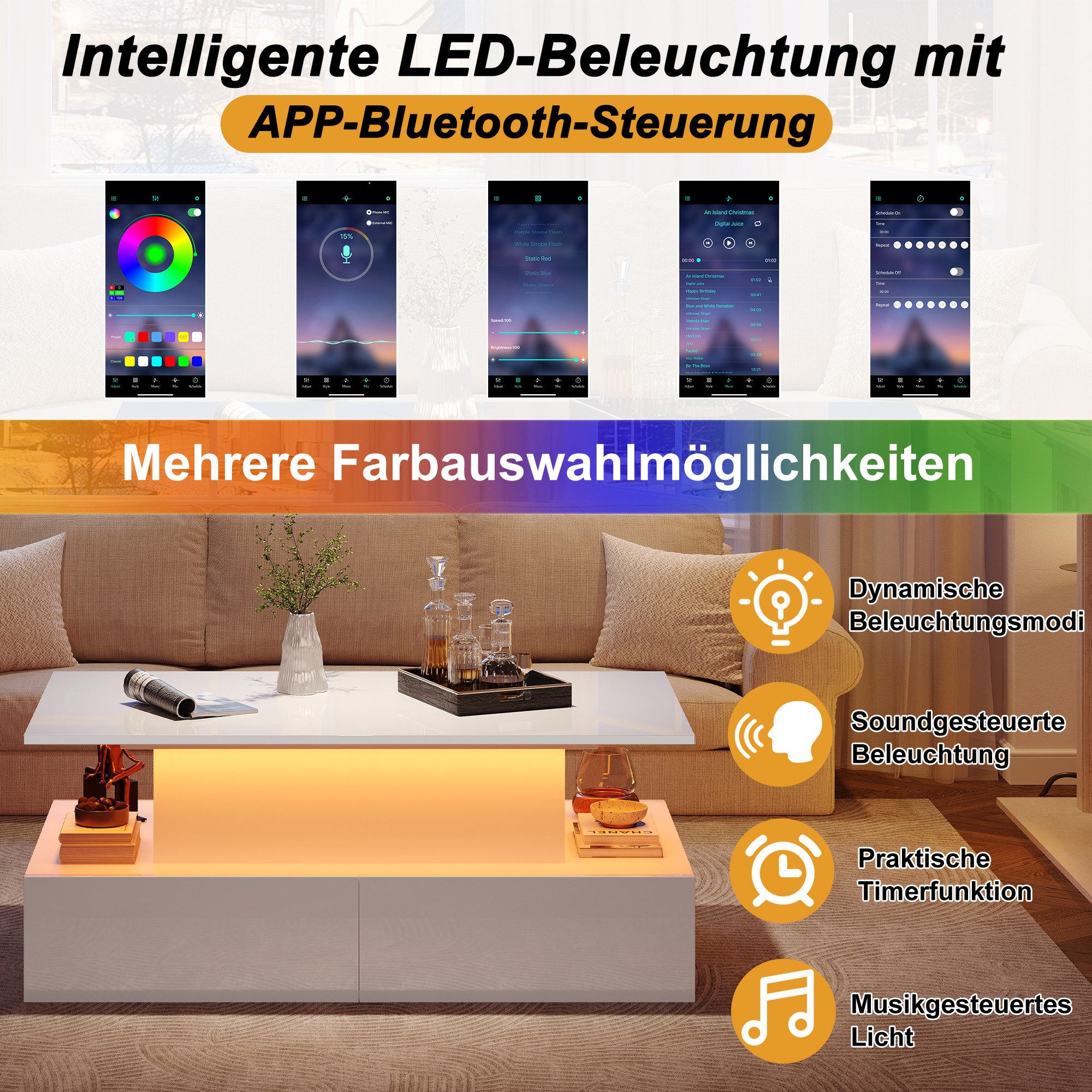 Merax Couchtisch hochglanz Sofatisch Beistelltisch mit LED und hydraulischer Lift (Lift-Teetisch, 90x55x41cm), Wohnzimmertisch mit 4 Schubladen und Stauraum ink – Bild 4 von 5