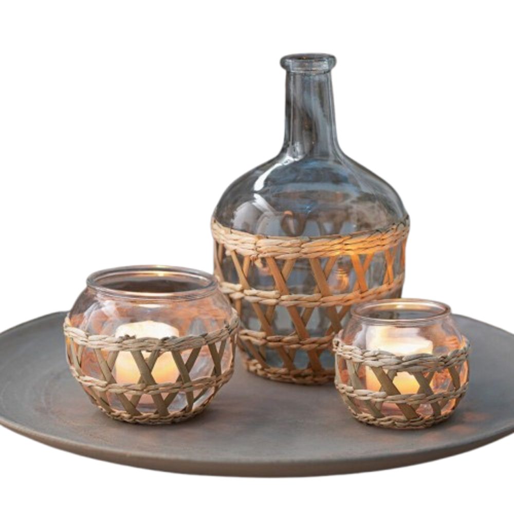 Windlicht Windlicht Teelicht Kerzenhalter Kerzenständer Deko Seegras Glas