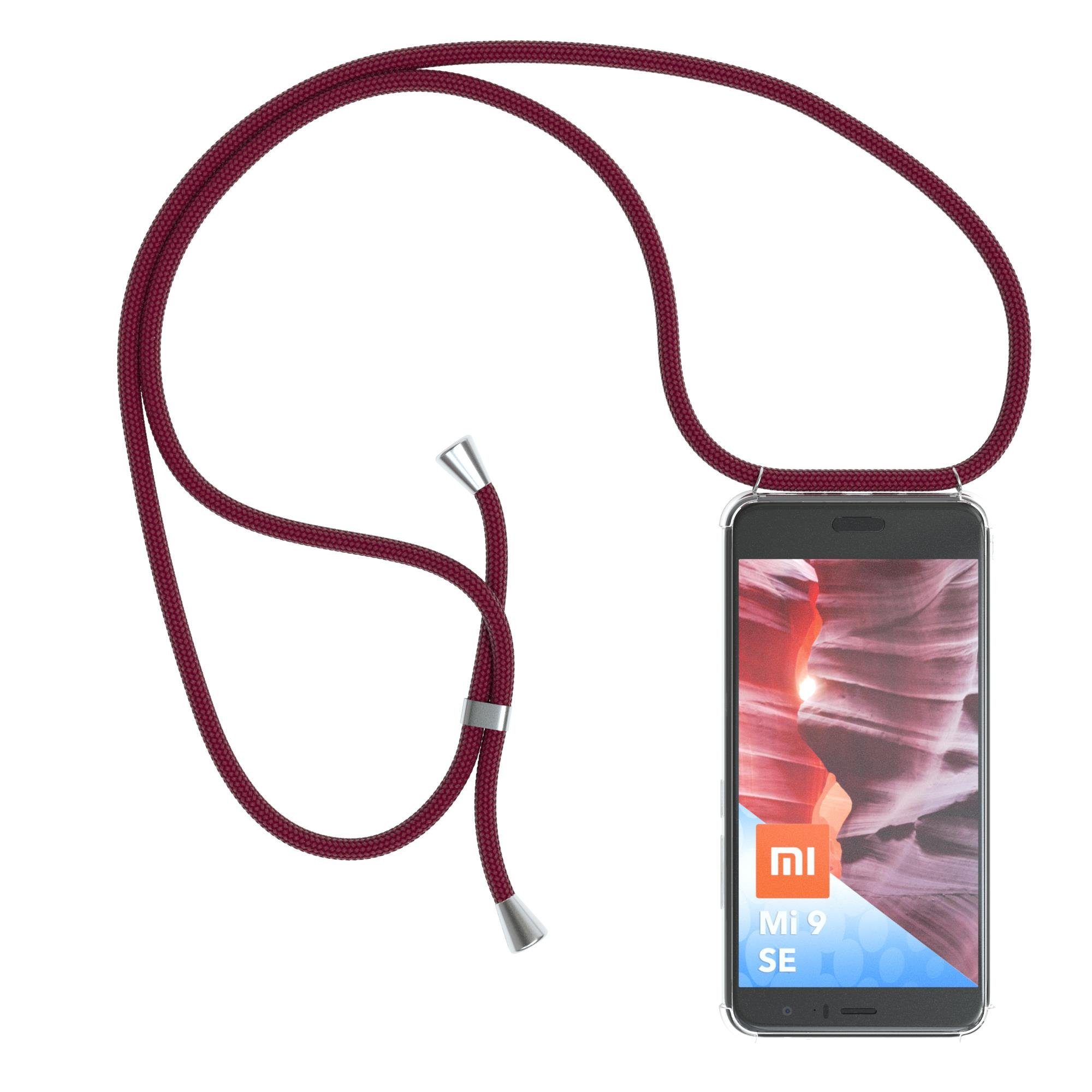 EAZY CASE Handykette Hülle mit Kette für Xiaomi Mi 9 SE 5,97 Zoll, Silikonhülle durchsichtig mit Umhängeband Handytasche Bordeaux Rot