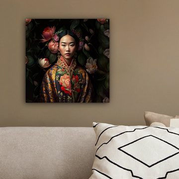 OneMillionCanvasses® Leinwandbild Frau - Asiatisch - Kimono - Blumen - Porträt, (1 St), Leinwand Bilder für Wohnzimmer Schlafzimmer