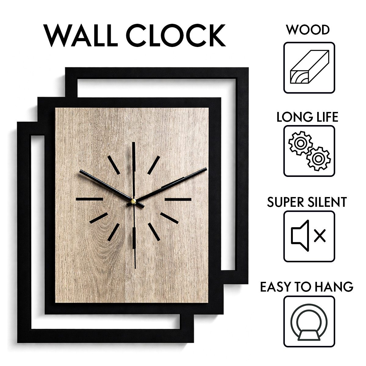ORNAMENTI Wanduhr Große handgefertigte moderne aus Holz, Hingucker Wanddeko 45 x 55 cm (Rechteckig vertikal ohne Tickgeräusche für Wohnzimmer, ohne Ziffern)
