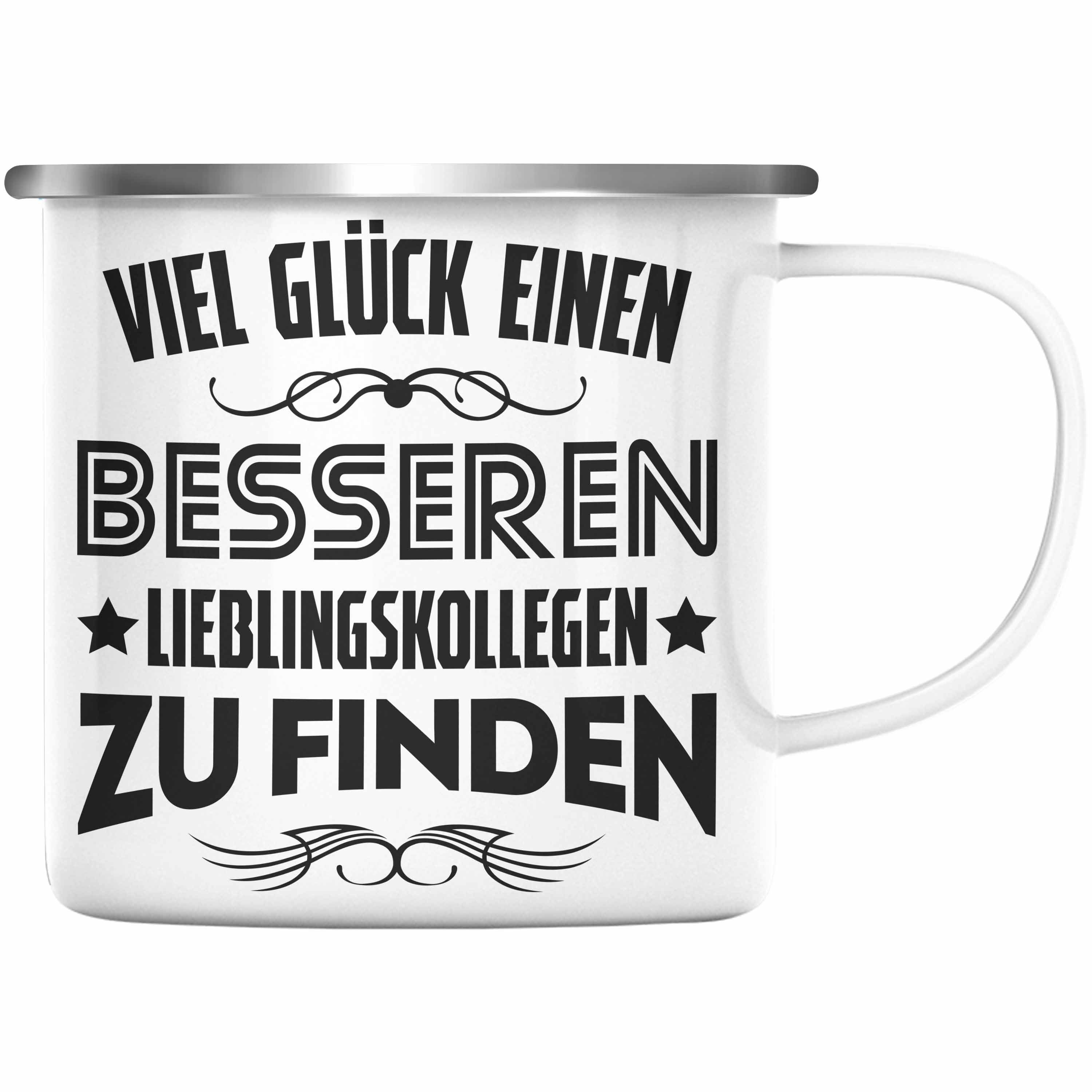 Trendation Thermotasse Trendation - Jobwechsel Emaille Tasse Geschenk Kollegin Kollege Lustig Abschiedsgeschenk Sprüche - Viel Glück Besseren Lieblingskollegen Silber