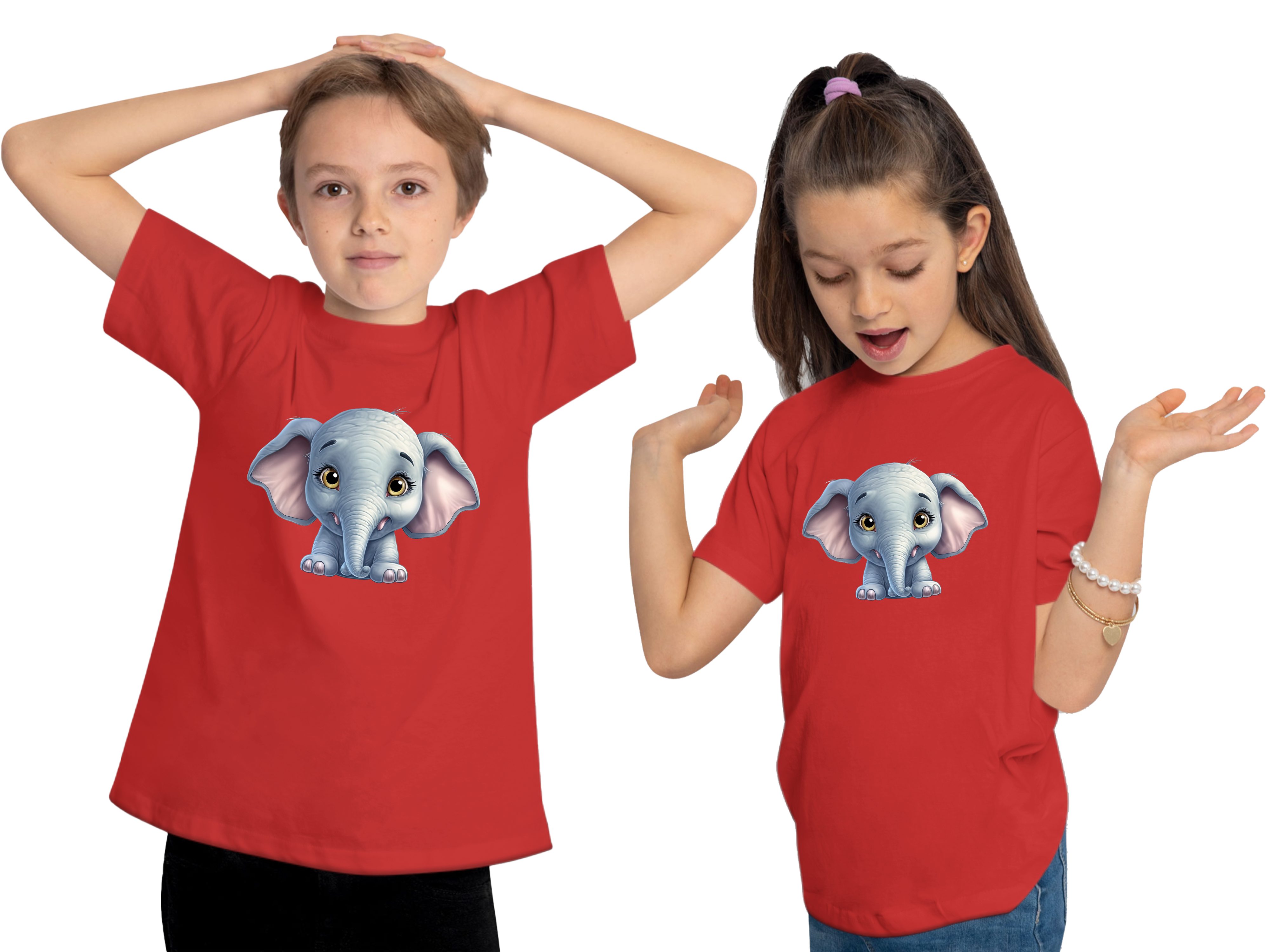 MyDesign24 T-Shirt Kinder Wildtier Print mit rot Baumwollshirt i272 bedruckt Baby Shirt Elefant Aufdruck, 
