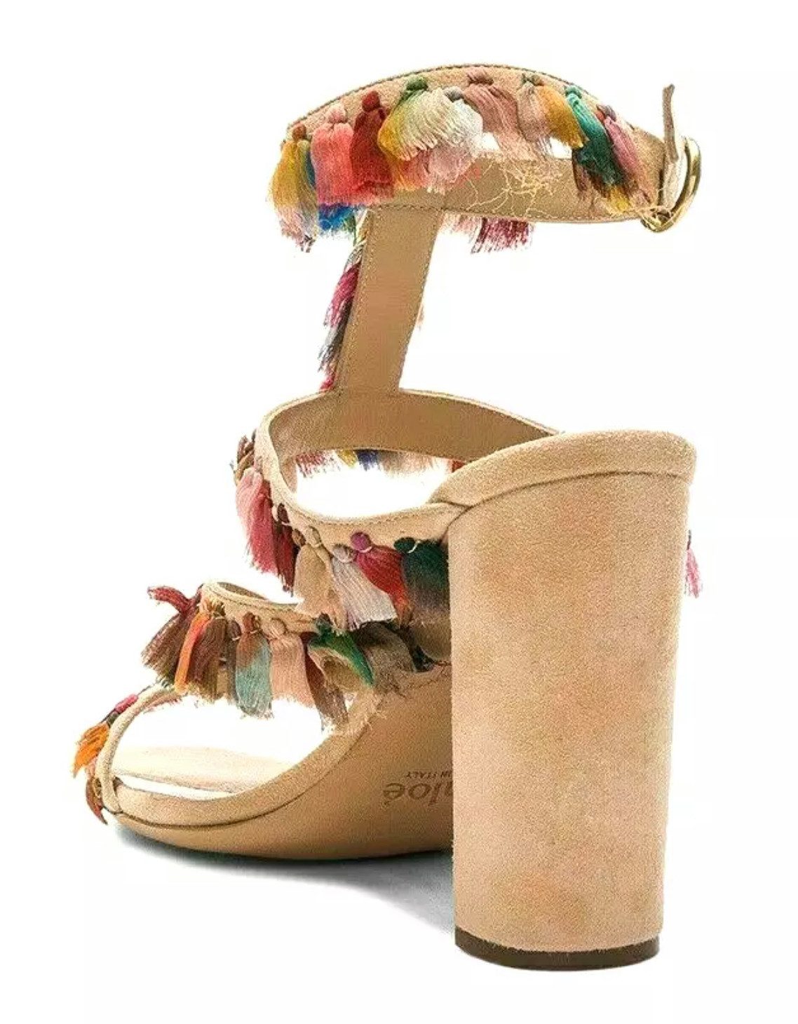Chloé Liz Sandalen Heels Schuhe Pumps Verstellbarer Riemen Schnalle, Fransen aus mehrfarbiger Voile