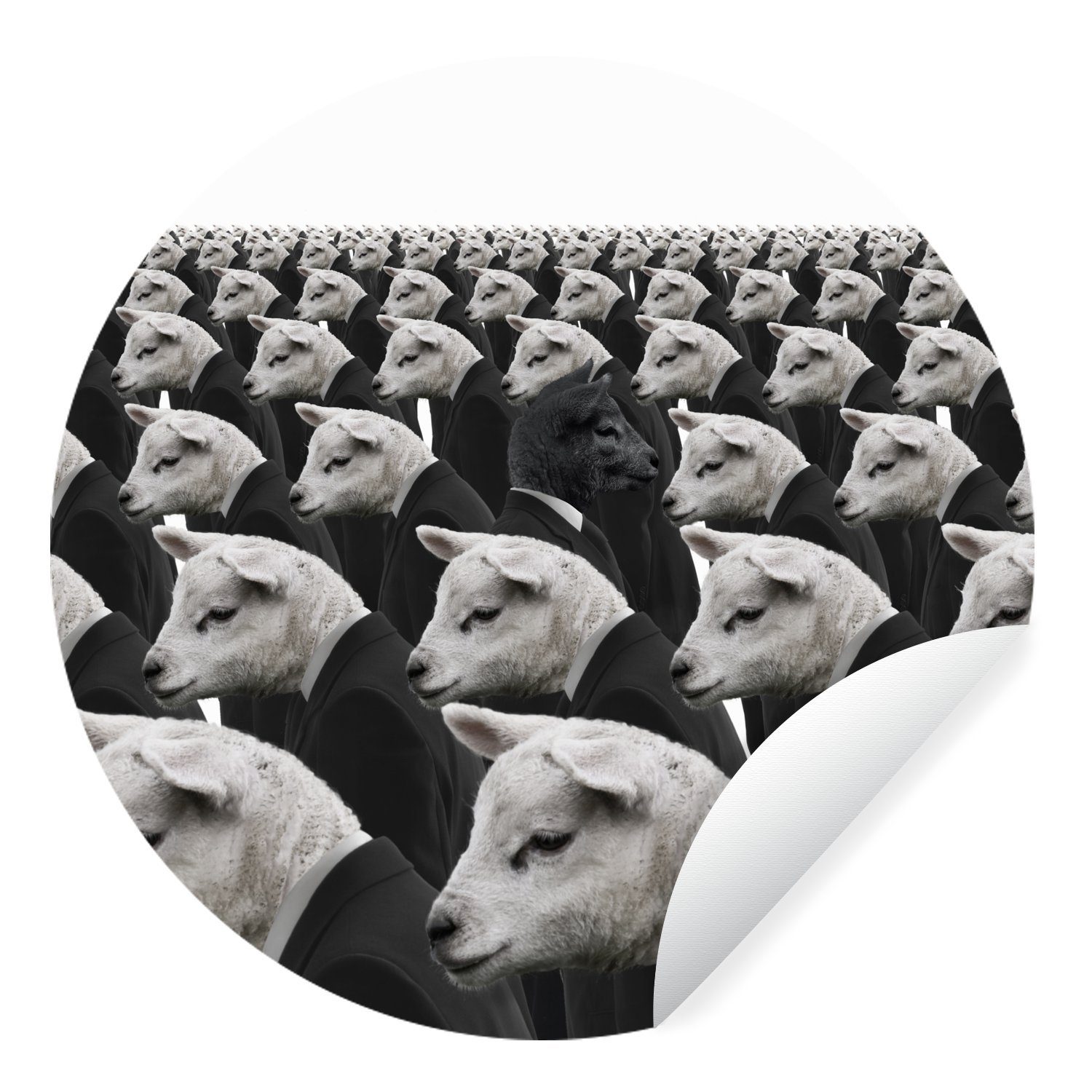 MuchoWow Wandsticker Schwarze Schafe unter weißen Schafen (1 St), Tapetenkreis für Kinderzimmer, Tapetenaufkleber, Rund, Wohnzimmer
