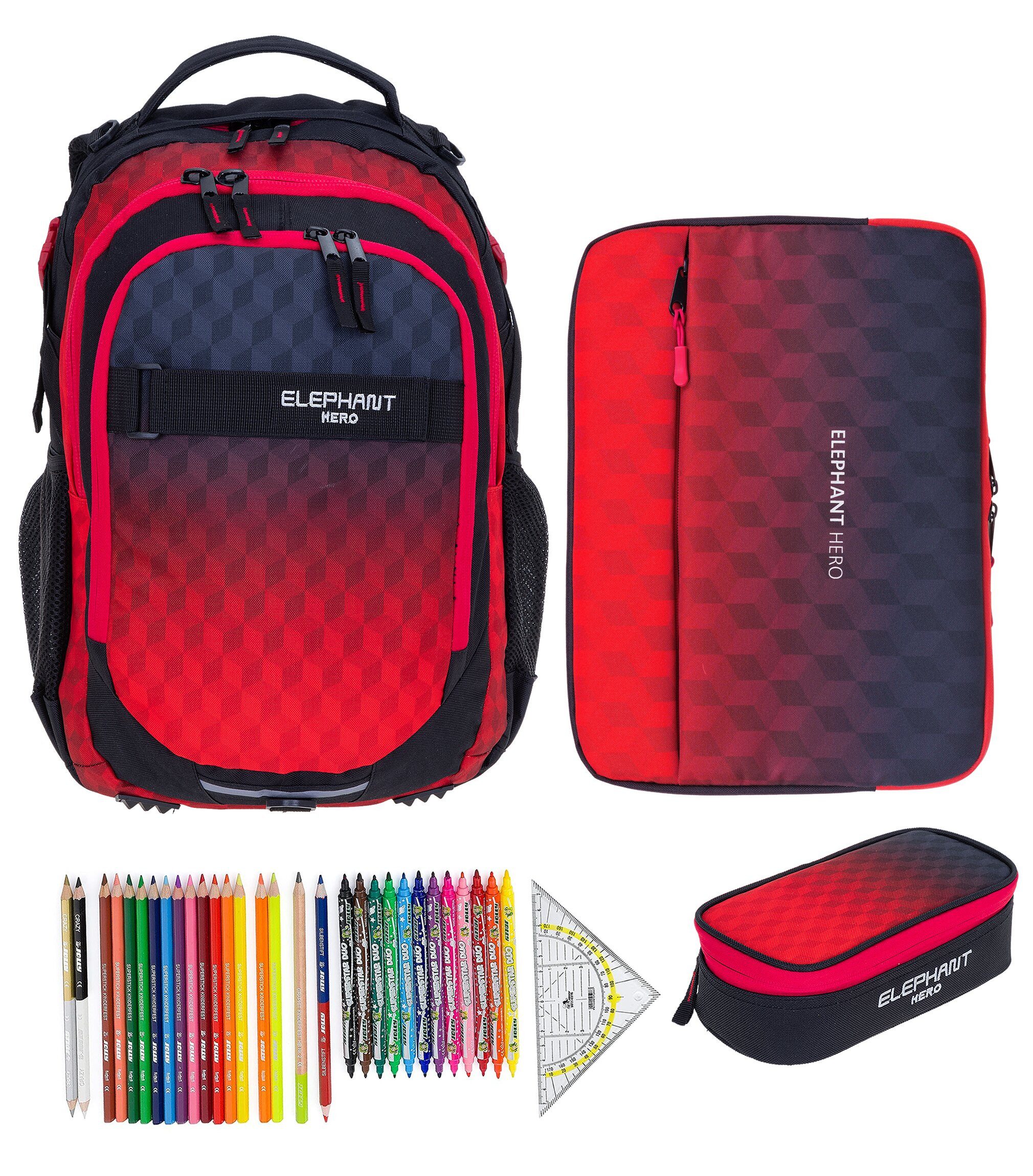 ELEPHANT Schulrucksack Hero Signature Schultasche Digital Ready Set (4 Teile Schulrucksackset, inkl. Mäppchen Box + Laptop Hülle Sleeve + 31 Teile Stifte), Rucksack Schulmappe Jungen Mädchen +rmlv