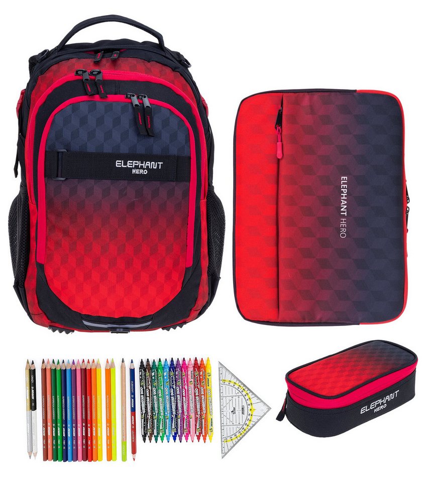 ELEPHANT Schulrucksack Hero Signature Schultasche Digital Ready Set (4 Teile Schulrucksackset, 4-tlg., inkl. Mäppchen Box + Laptop Hülle Sleeve + 31 Teile Stifte), Rucksack Schulmappe Jungen Mädchen +rmlv