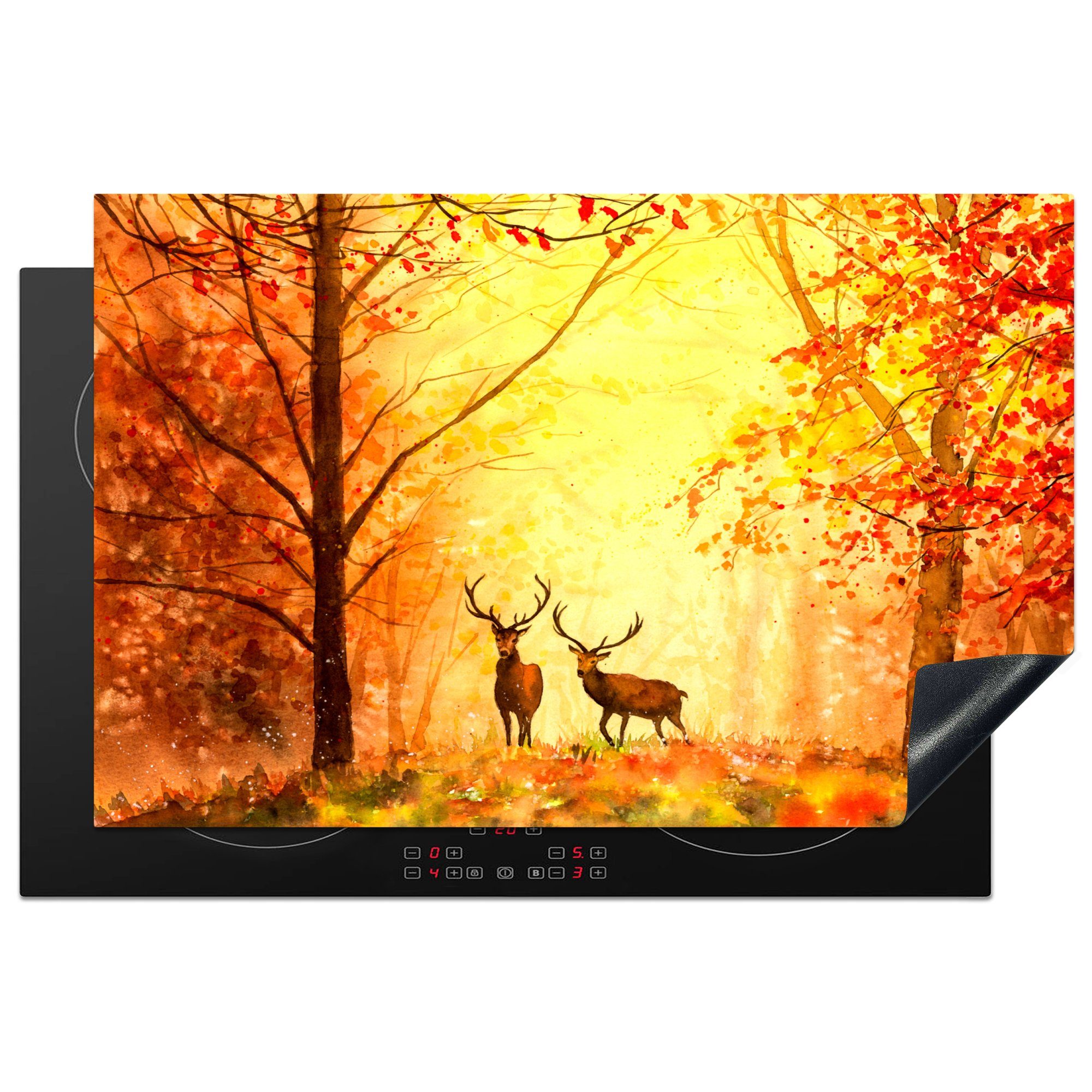MuchoWow Herdblende-/Abdeckplatte Natur - Ölfarbe - Hirsche - Tiere - Herbst - Orange, Vinyl, (1 tlg), 81x52 cm, Ceranfeldabdeckung, Arbeitsplatte für küche