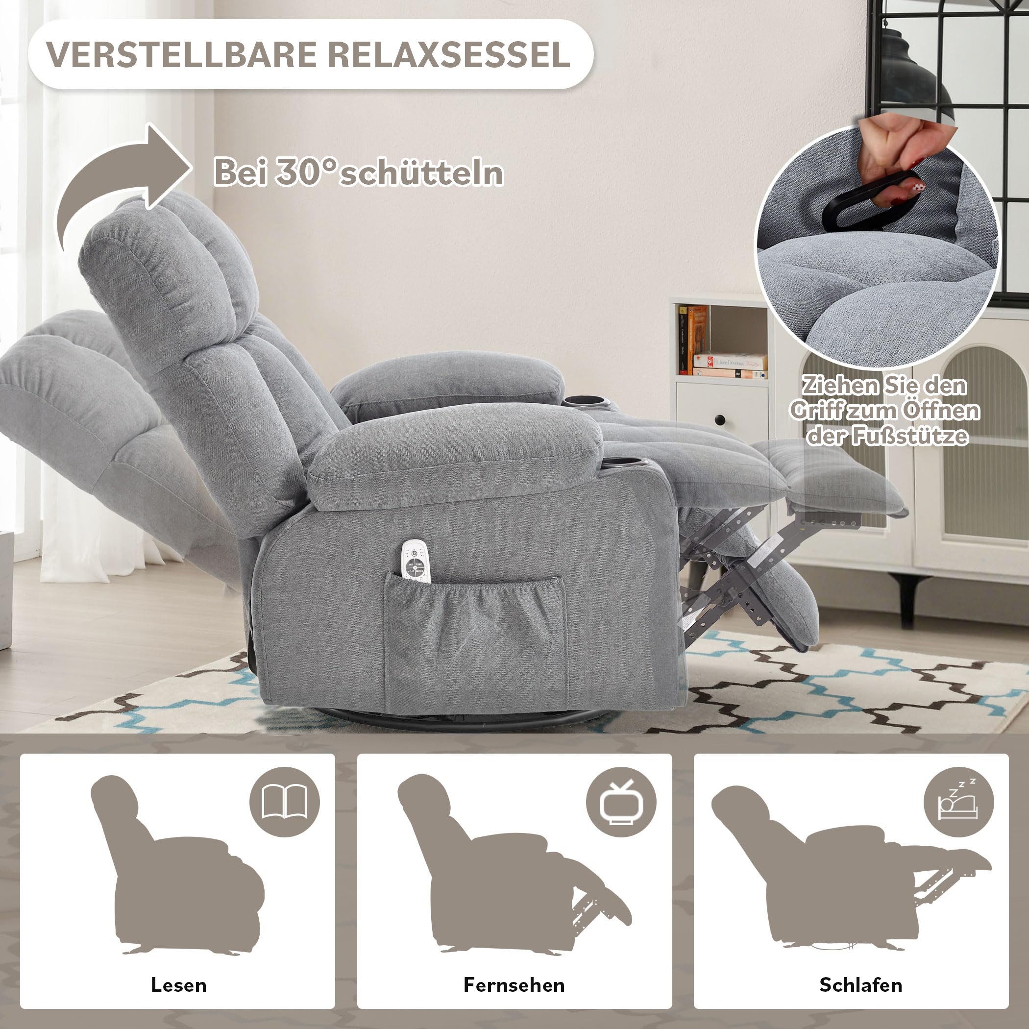 bosmiller Relaxsessel Elektrisch Massagesessel mit Wärmefunktion,Fernsehsessel Liegefunktion (1-St), mit 2 Seitentaschen Getränkehalter, 360°-Drehung für Wohnzimmer