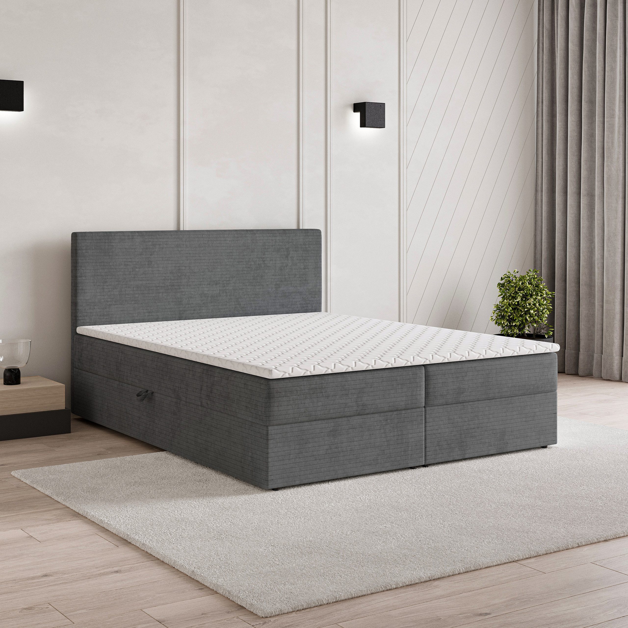 Masseno Boxbett NIRA 140x200 cm mit Bonell Matratze und Topper, Doppelbett, Polsterbett mit Kopfteil, Boxspringbett
