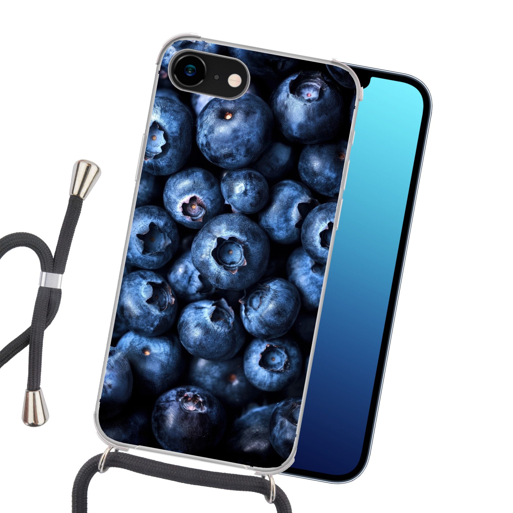 MuchoWow Handyhülle für Apple iPhone 8 Beeren - Blau - Obst, Tragbare Handyhüllen mit Kette zum umhängen, Handykette Handyband