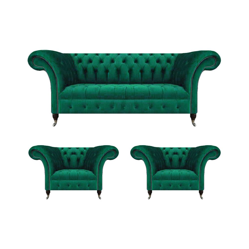JVmoebel Chesterfield-Sofa Wohnzimmer Set Komplett 3tlg Grün Sofagarnitur Textil Polstersofa, 3 Teile, Made in Europa