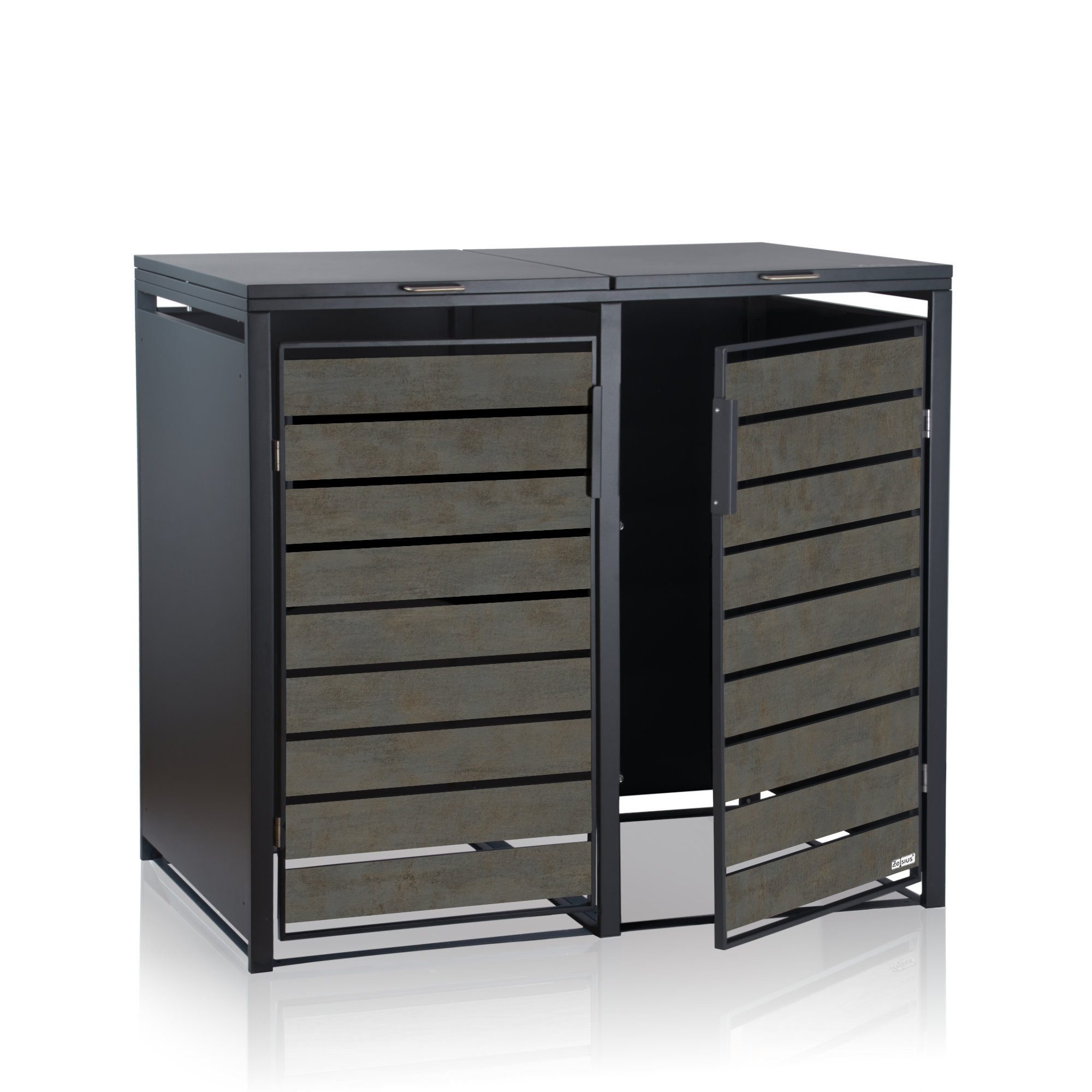 Zelsius Mülltonnenbox für 4 Mülltonnen, Anthrazit RAL7016, Tür in dunkelgrauer Holzoptik