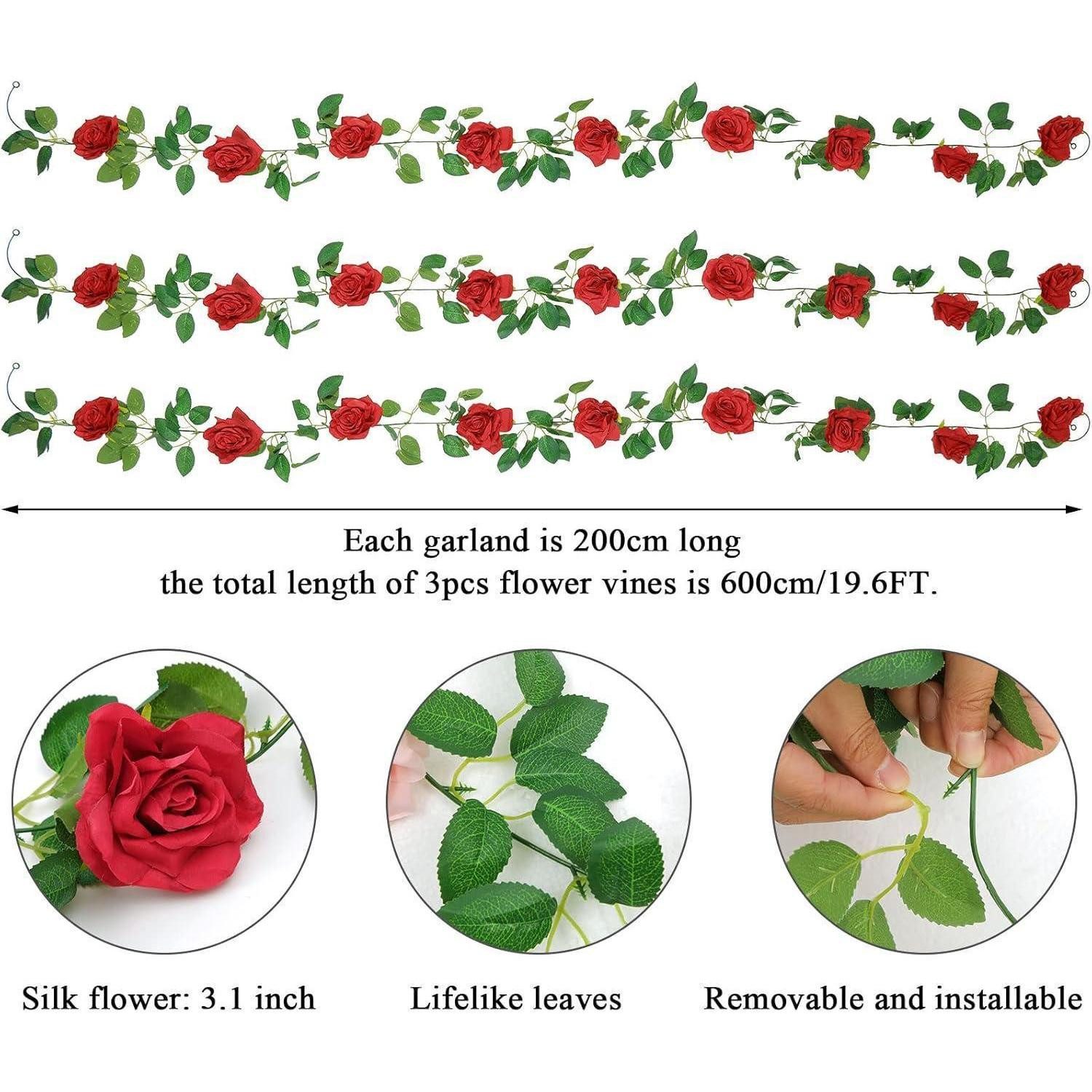 Kunstgirlande Girlande Rosengirlande Kunstblumen Hochzeit 3 Stück 6 m Rot, LuxusKollektion