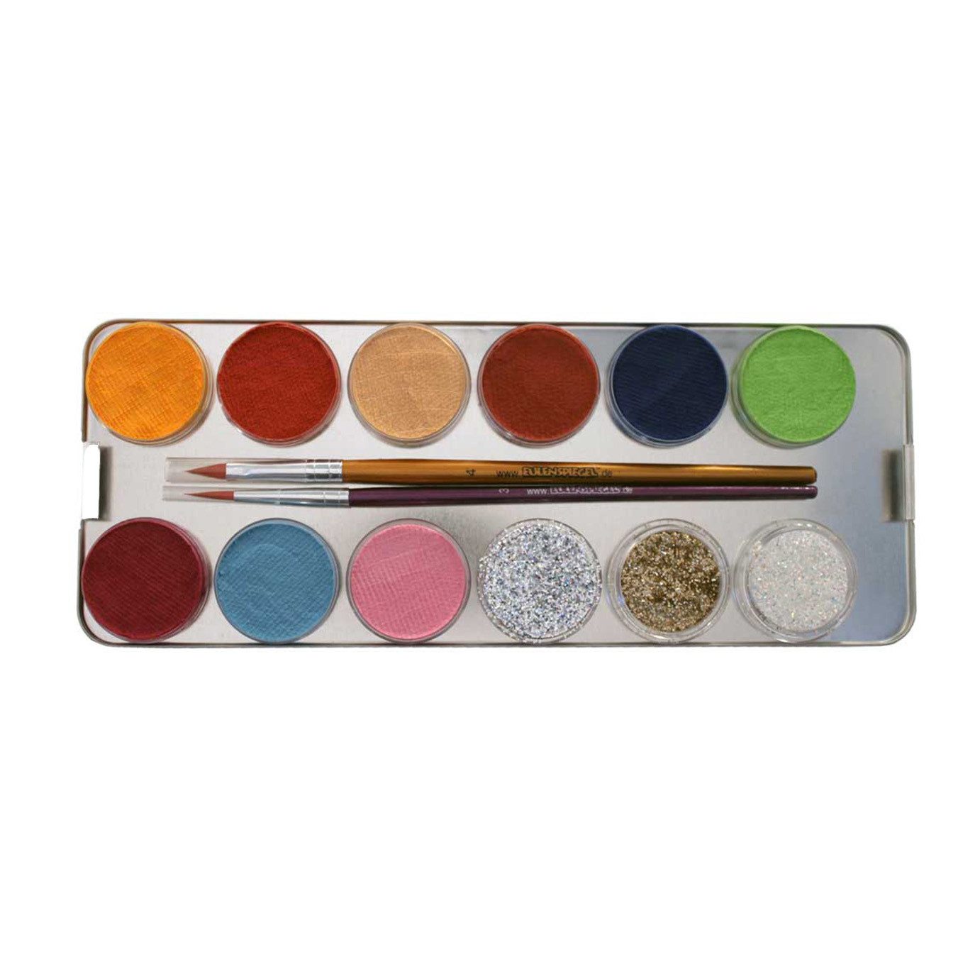 Eulenspiegel Theater Schminkpalette 24er Kombi Metallpalette mit Profi-Aqua Farben+Glitzer inkl. Pinseln (1-tlg), Made In Germany, dermatologisch getestet