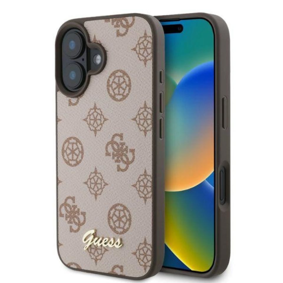 Guess Handyhülle iPhone 16 Kunstleder rosa braun Logo goldfarben MagSafe kompatibel 6,1 Zoll, Kantenschutz