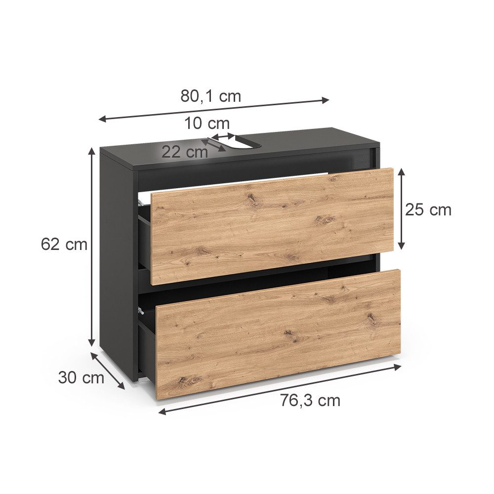 Vicco Waschbeckenunterschrank Majest, Anthrazit/Artisan, 80.1 x 62 cm mit 2 Schubladen (1-St)