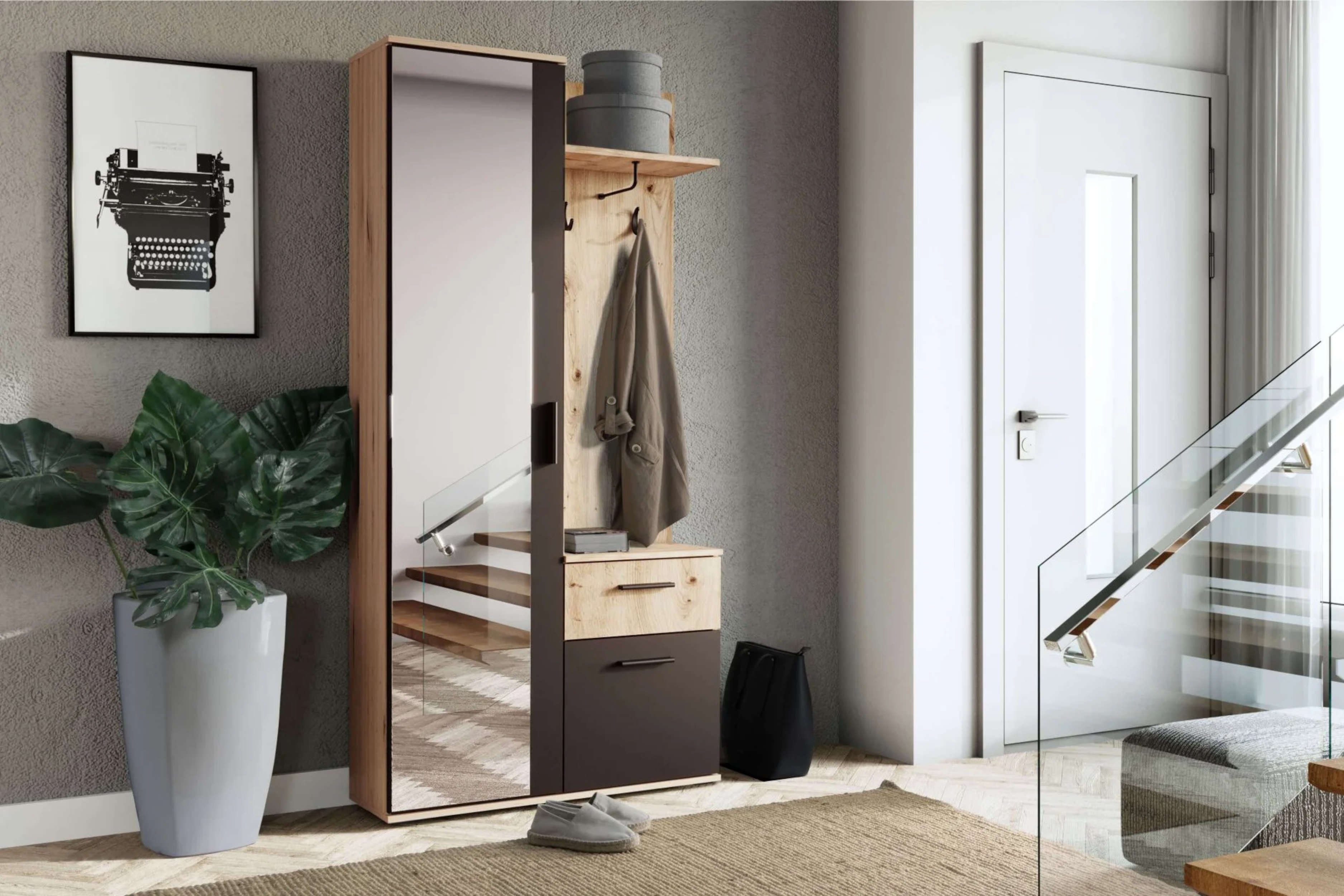 Kompaktgarderobe Artisan/Schwarz Schublade, mit Spiegel, Schuhschrank, LOXI Schrank, Hutablage platzsparend multifunktional Garderobe Furnix