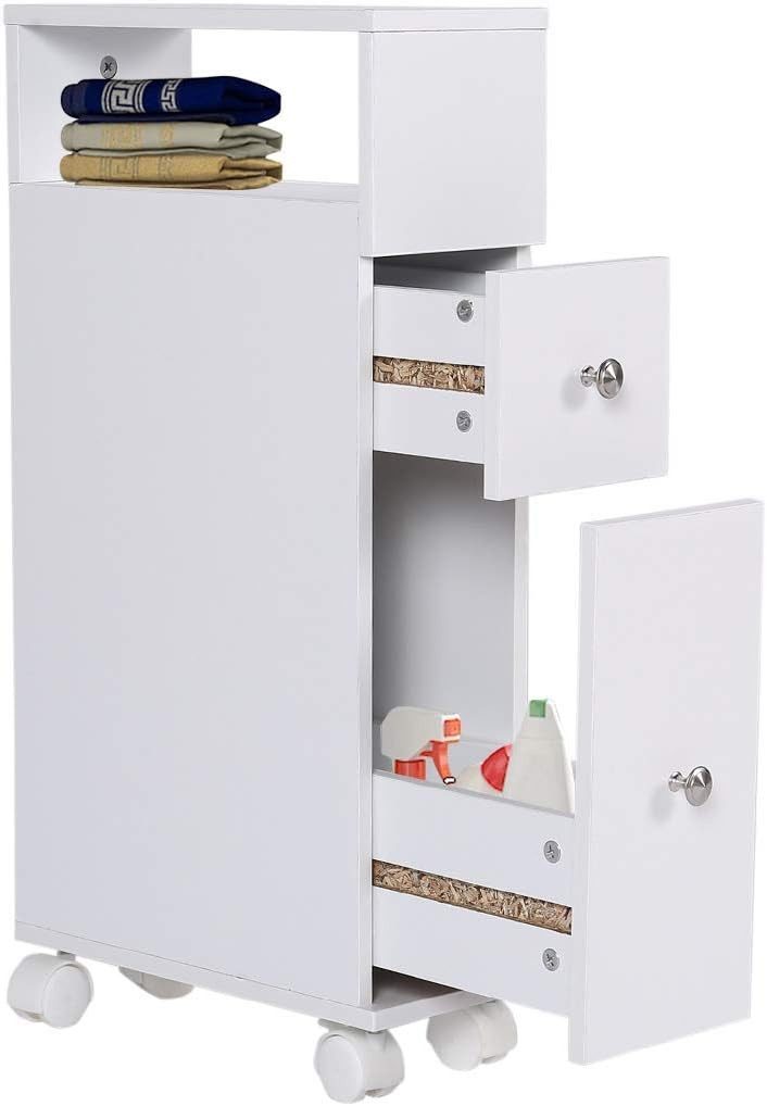 Happy Home Eckschrank Badezimmerschrank mit Rollen Schubladen Hochschrank Standschrank weiß