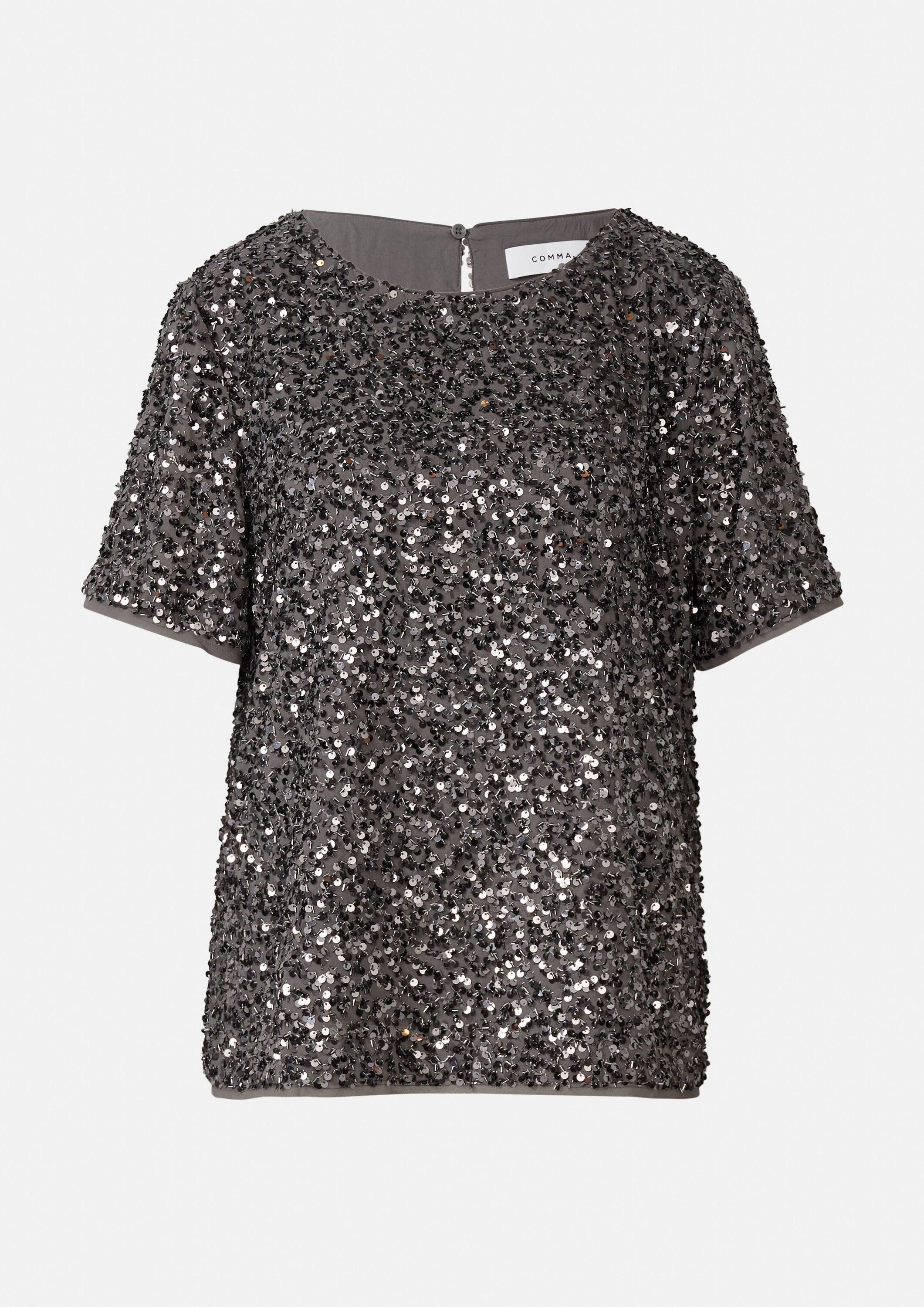 comma Kurzarmbluse Bluse Blusenshirt mit Pailletten