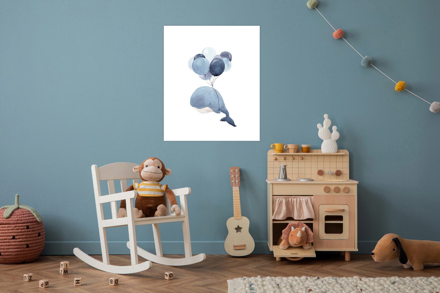 Bild mit Rahmen oder Poster, Wal mit Luftballons