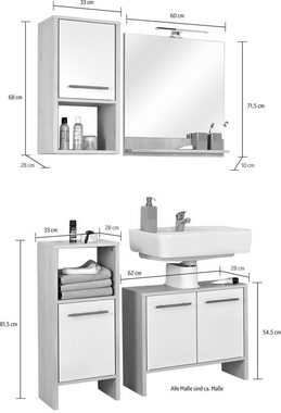 Saphir Badmöbel-Set Quickset 350 4-teilig, mit Waschbeckenunterschrank und LED-Spiegel, (Set, 4-St), Pinie Ida hell Nachbildung, mit 4 Türen, 2 Nischen, ohne Waschbecken