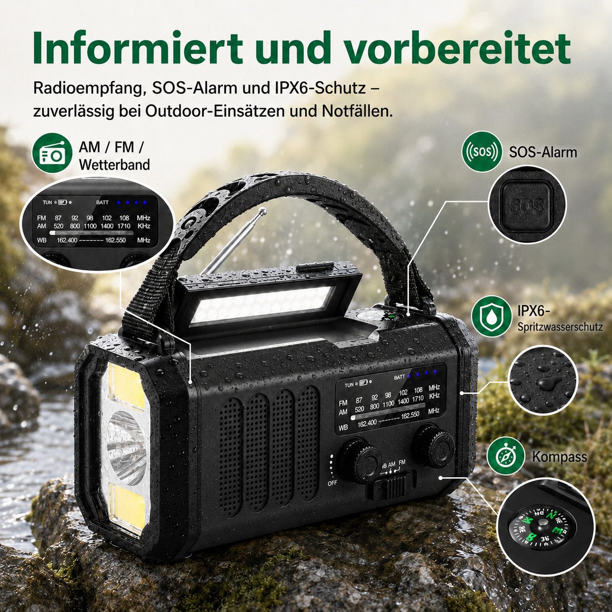 Tekoo Notfallradio 10000mAh mit Solar, Kurbel, LED, SOS, IPX6, UKW Notfallradio (UKW, FM, MW, AM, Wetterradio, 14 W, IPX6 Spritzwassergeschützt, 3-Modi-Taschenlampe, Notfall-Wetterradio)