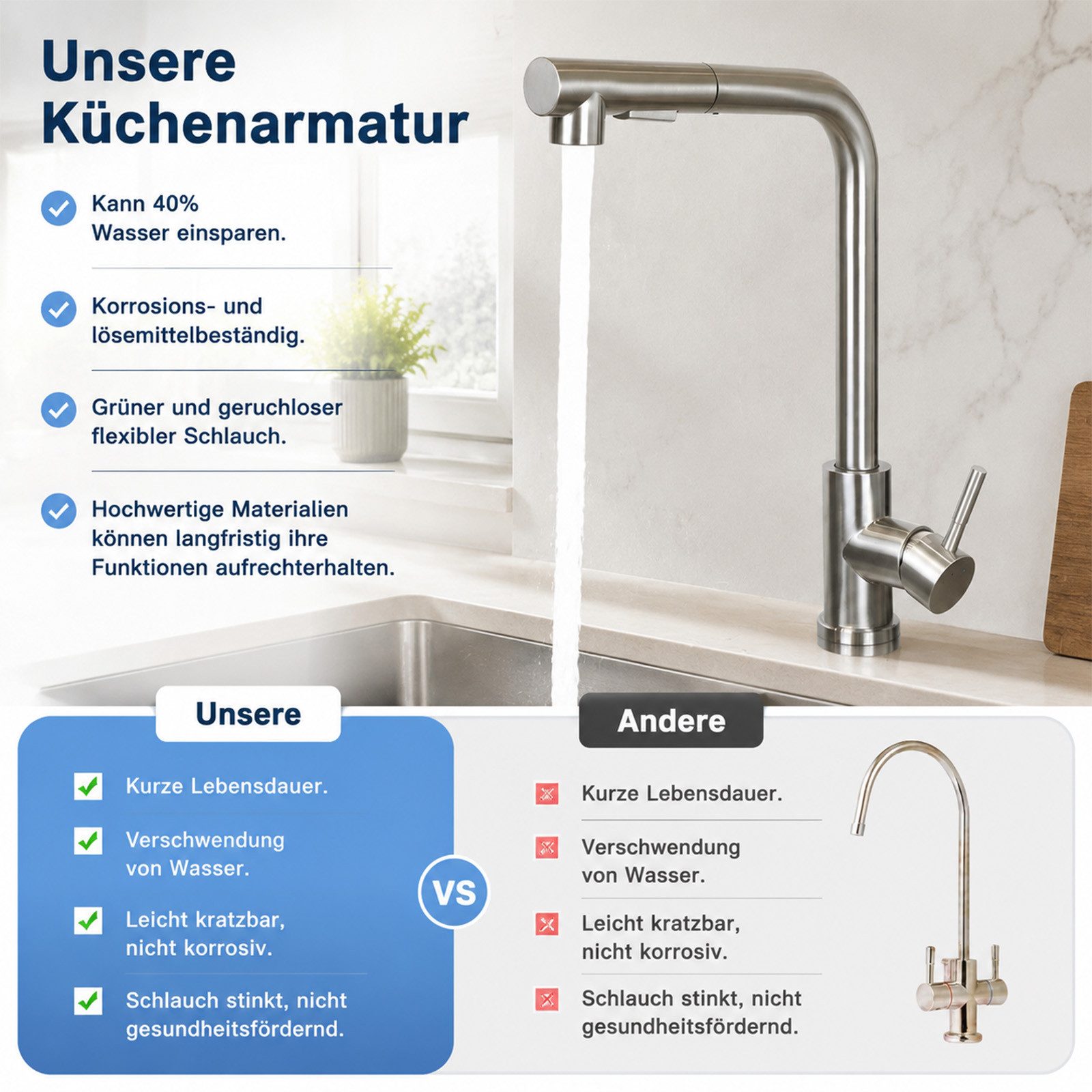 Ledklang Spültischarmatur Edelstahl 360° drehbar Ausziehbarer Brause 2 Strahlarten Küchenarmatur (1-St) für Einhebelmischer Mischbatterie Wasserhahn Küche – Bild 5 von 5