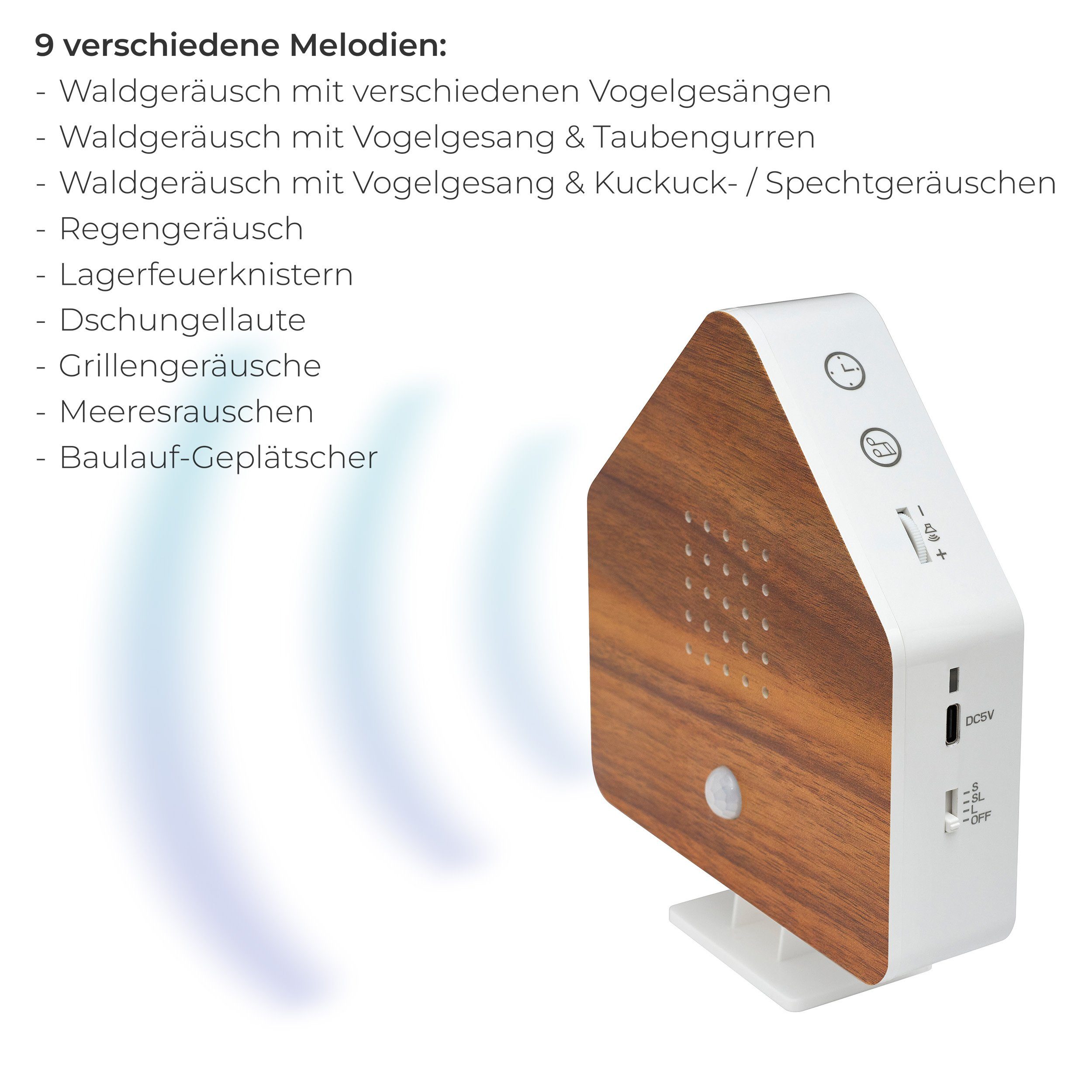 IC HomeDeco Dekoobjekt Naturgeräusche-Box mit Licht, Bewegungsmelder & Einschlaf-Funktion, 9 Melodien wie Vogelgesang, Naturgeräusche, Lagerfeuer, Bachplätschern