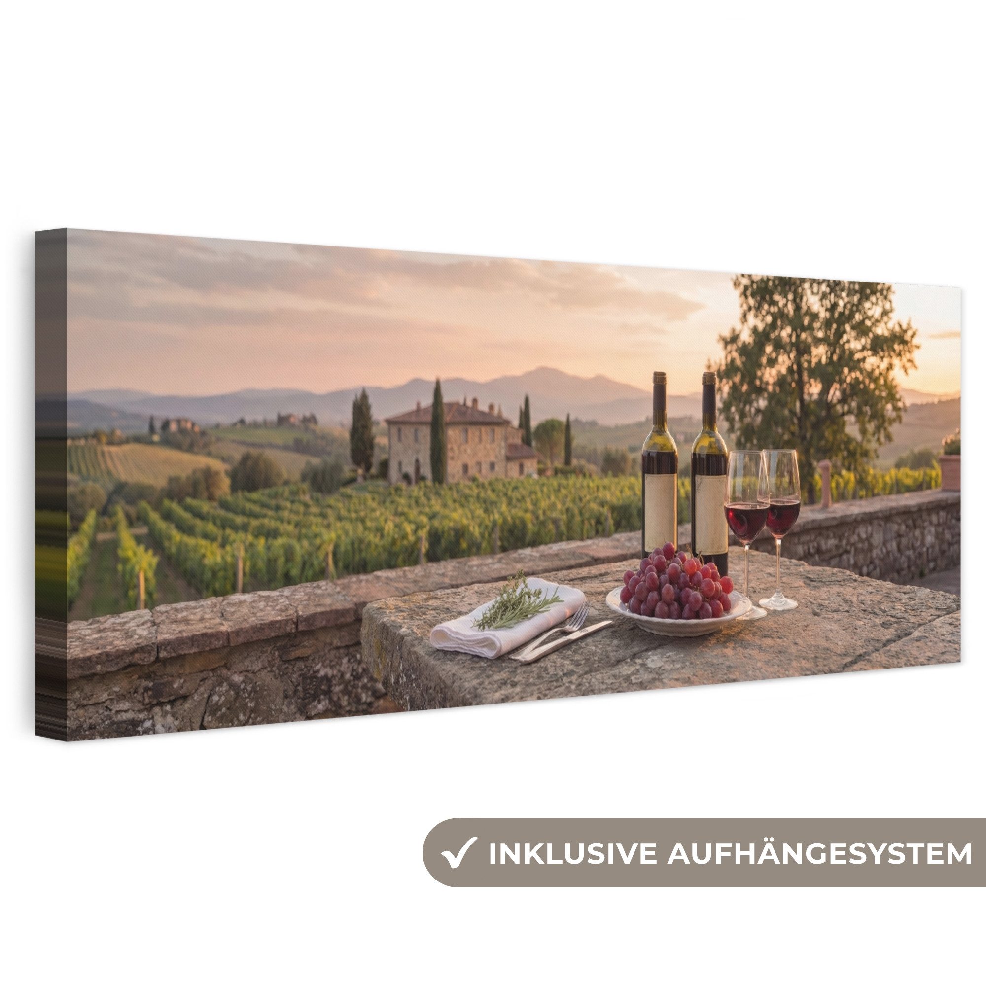 OneMillionCanvasses® Leinwandbild Panorama Wein - Gläser - Trauben - Weinberg, Fotodruck (1 St), Wandbild, Deko Schlafzimmer Wohnzimmer Flur 60x20 cm