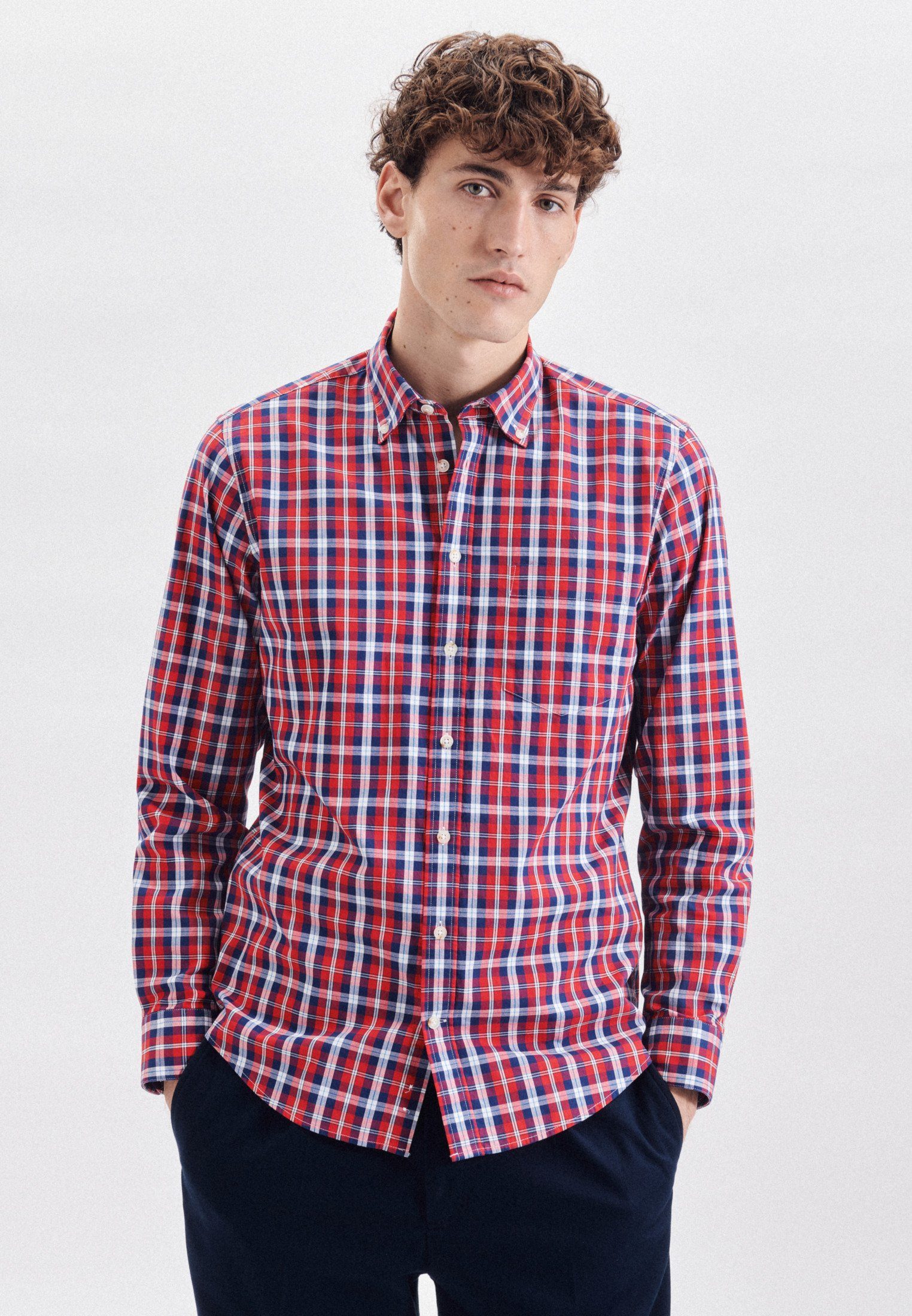 seidensticker Businesshemd Schwarze Rose Regular 1/1 Button-Down-Kragen Karo