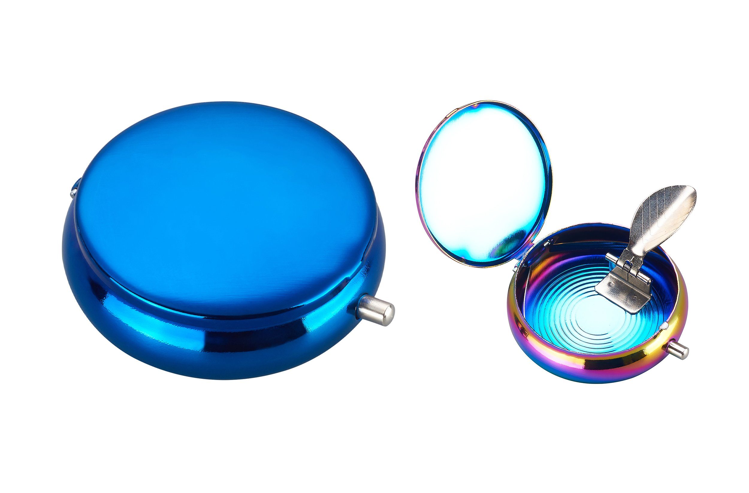 CHAMP Aschenbecher Taschen ASCHENBECHER "Rainbow" Ø5,5cm Deckel Metall rund 06 (Blau), mini Ablagefläche Reiseaschenbecher Taschenaschenbecher Reise Outdoor