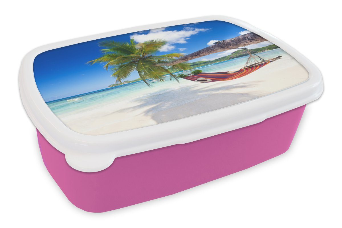 MuchoWow Lunchbox Strand - Hängematte - Meer - Palme, Kunststoff, (2-tlg), Brotbox für Erwachsene, Brotdose Kinder, Snackbox, Mädchen, Kunststoff rosa