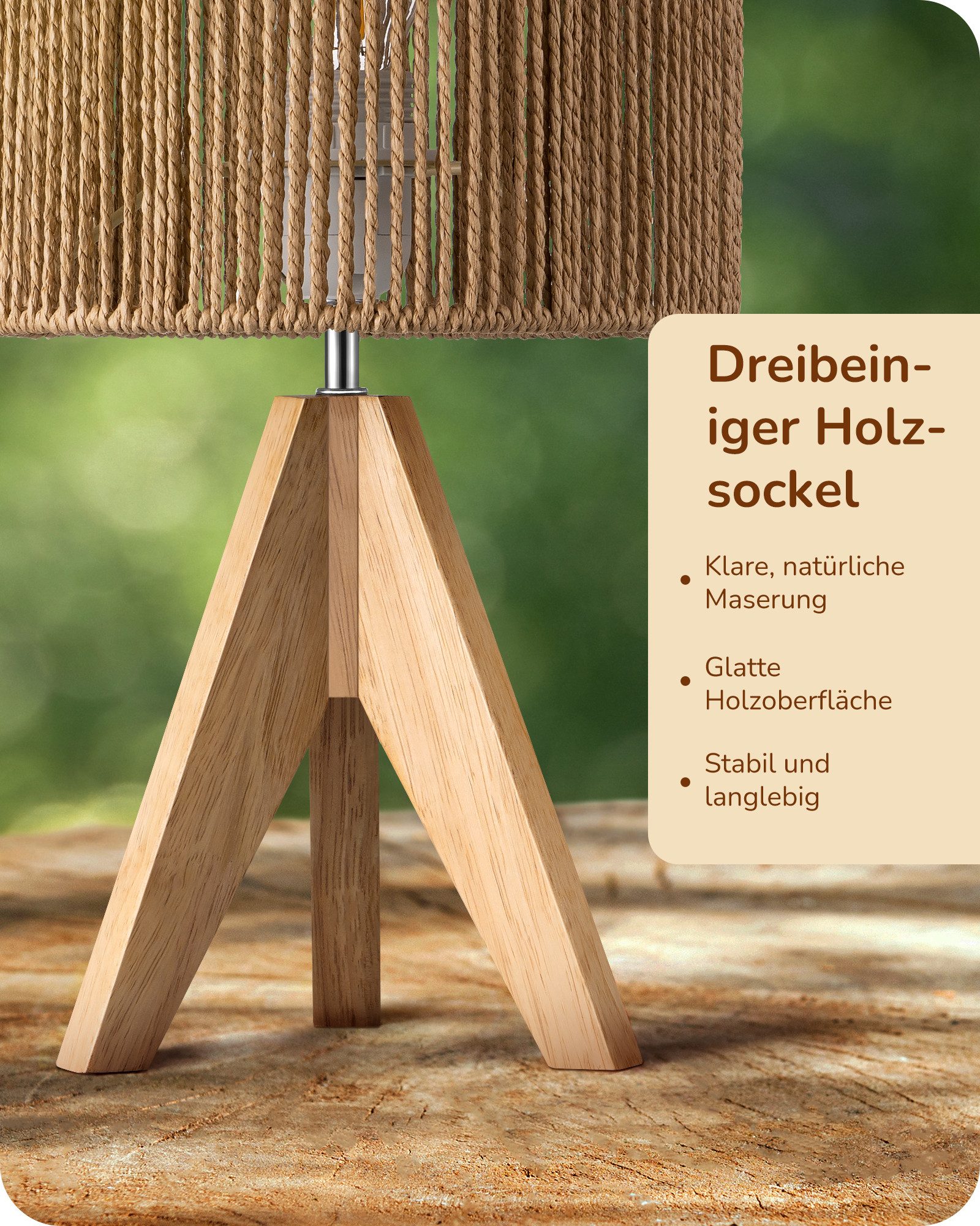 EDISHINE LED Nachttischlampe mit Seil-Lampenschirm, vintage Dekolampe, LED wechselbar, Warmweiß, Tischlampe holz mit Leuchtmittel, Boho Tischleuchte für Schlafzimmer