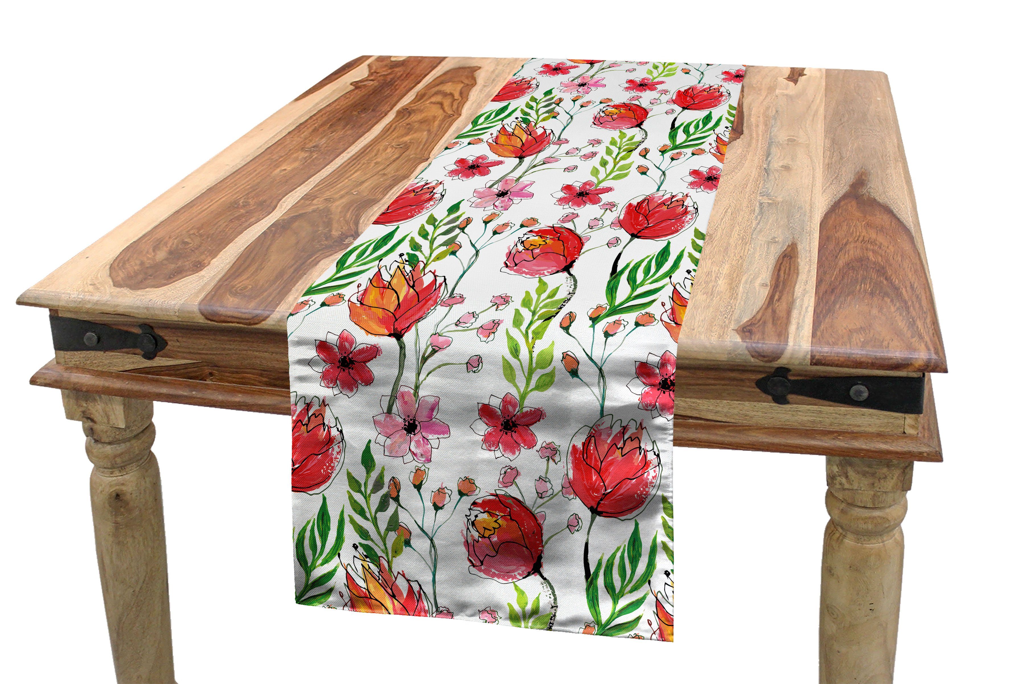 Abakuhaus Tischläufer Esszimmer Küche Rechteckiger Dekorativer Tischläufer, Blumen Gekritzeltes Blumen und Blätter
