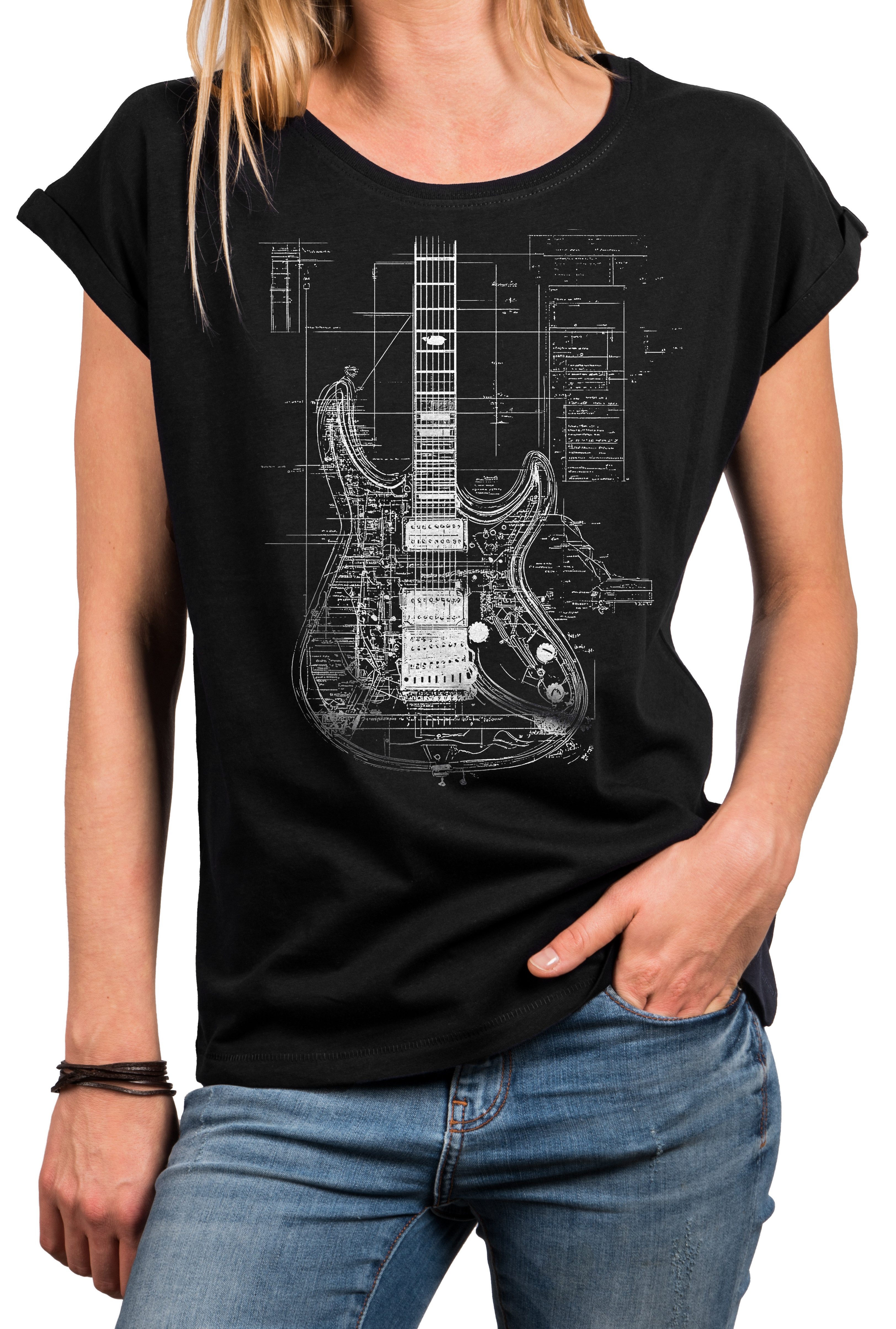 Print-Shirt Damen Gitarrenmotiv Gitarre Festival Outfit Rock Kurzarm Top