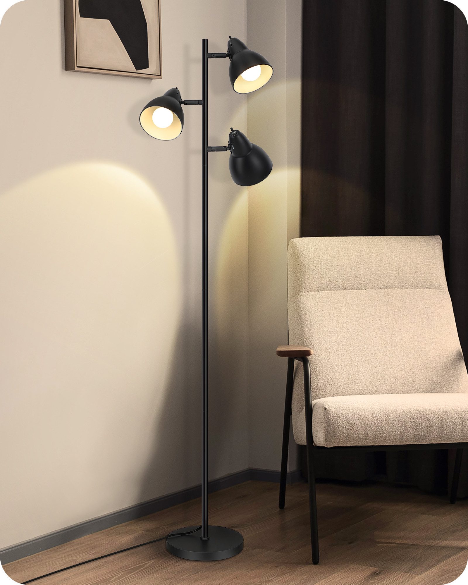 EDISHINE Stehlampe Wohnzimmer, 3-flammige Standleuchte, LED wechselbar, Industrielle Leselampe mit Individuellen Schalter, Schwarz