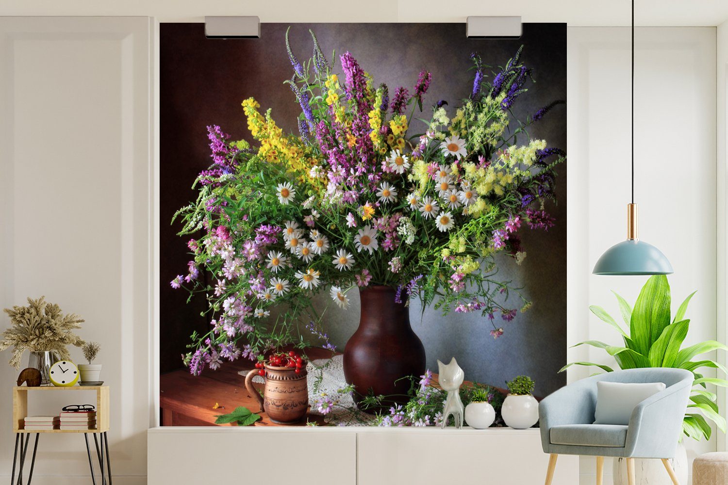 Vase, - Wohnzimmer MuchoWow Matt, Stilleben Schlafzimmer Fototapete bedruckt, (4 Küche, Blumenstrauß - - Vliestapete Fototapete für - St), Tisch Blumen