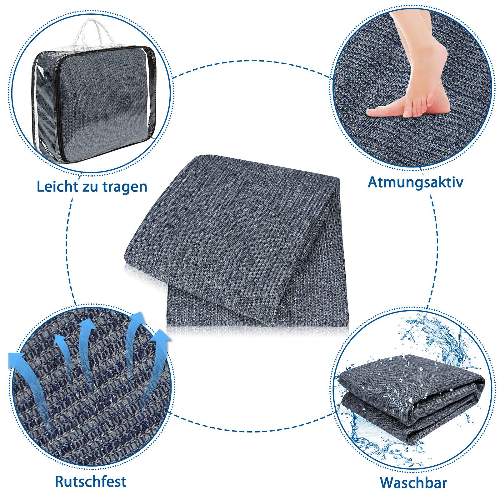 FIVMEN Outdoorteppich Vorzeltteppich aus hochwertigem HDPE, Campingmatte, mit Aluminiumschlaufen, inklusive Tragetasche, bläulich-grau – Bild 4 von 5