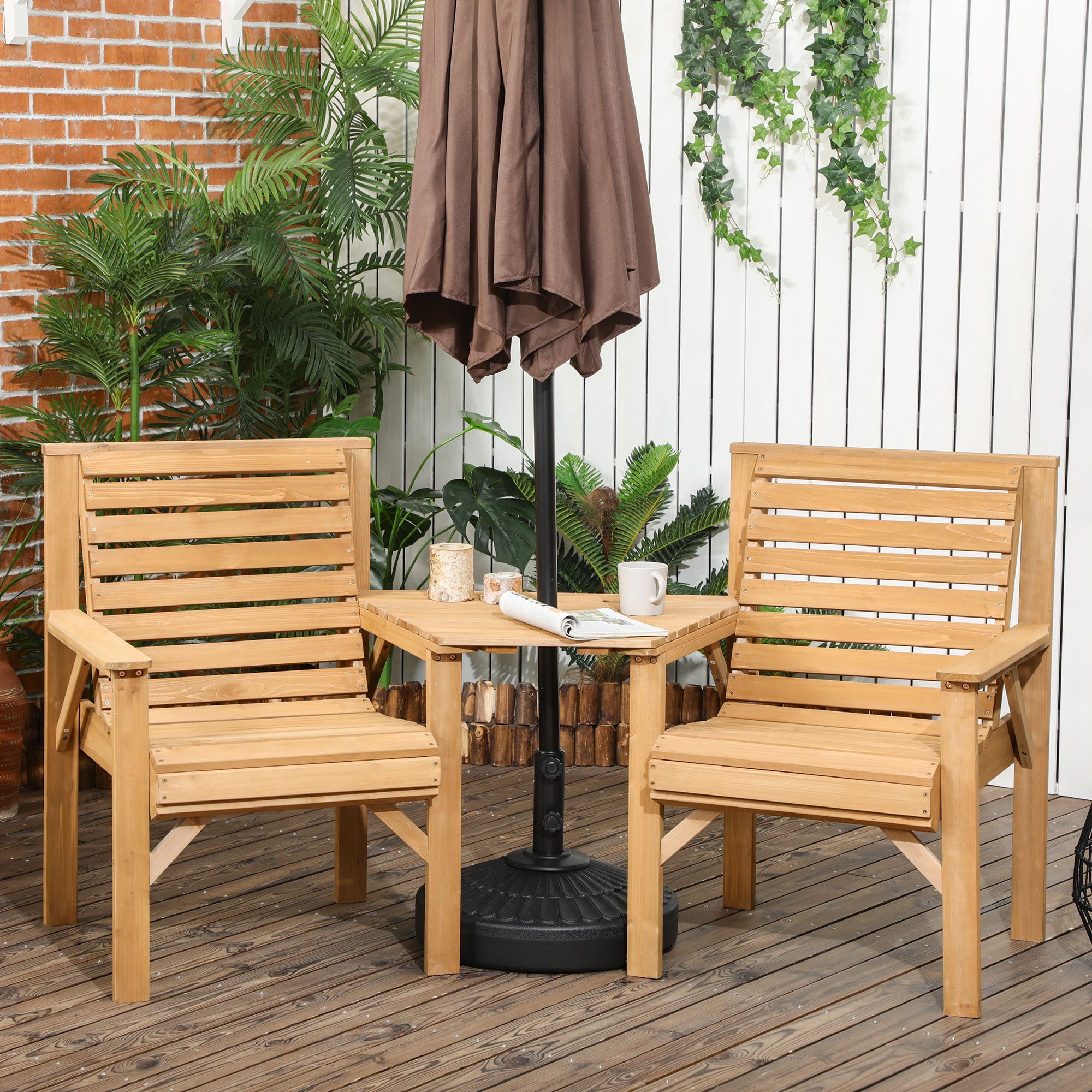 Outsunny Balkonset mit Lamellendesign, Sonnenschirmloch, (Bistro-Set, 3-tlg., Gartenmöbel Set), Braun
