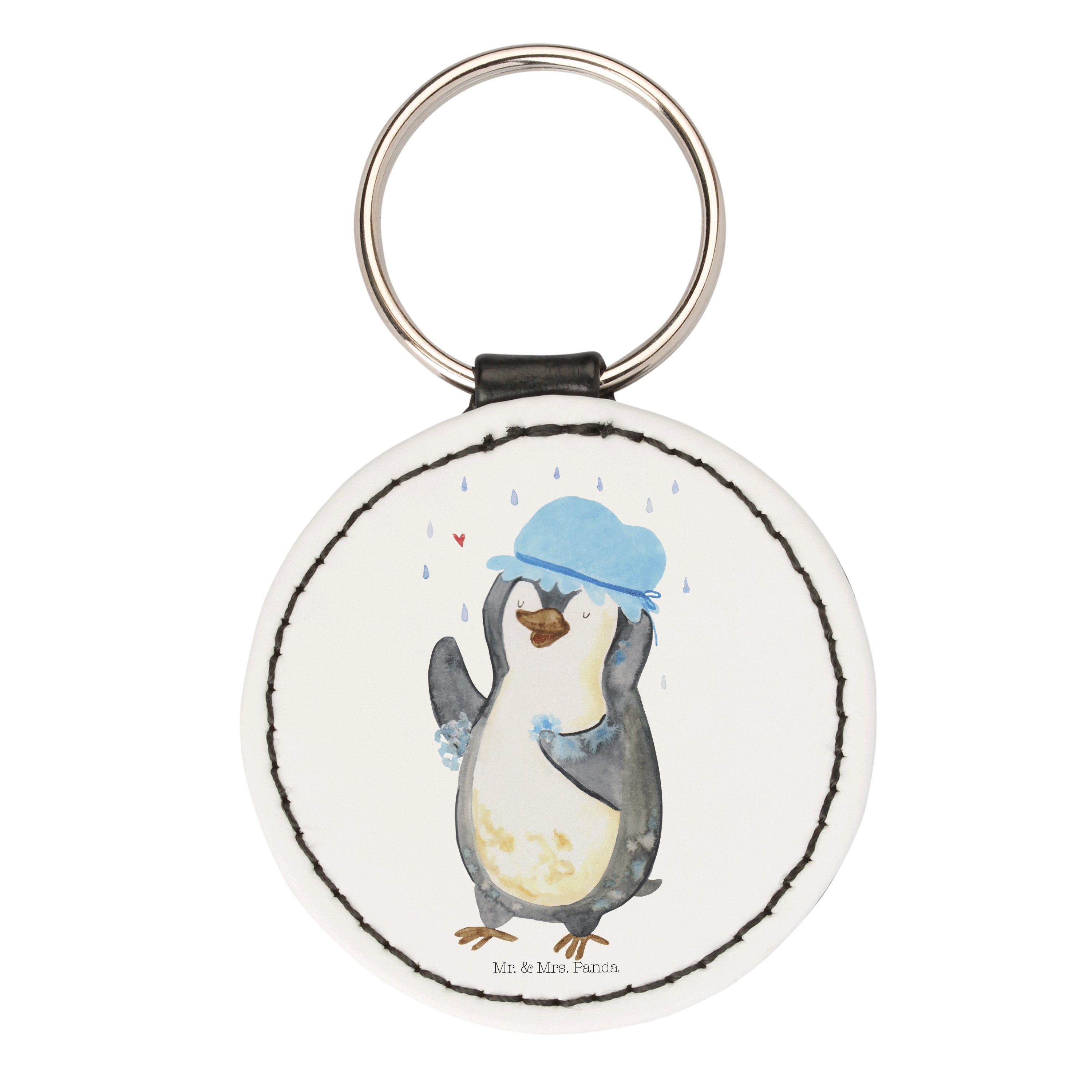 Mr. & Mrs. Panda Schlüsselanhänger Pinguin duscht - Weiß - Geschenk,  duschen, glücklich sein, Glücksbrin (1-tlg)