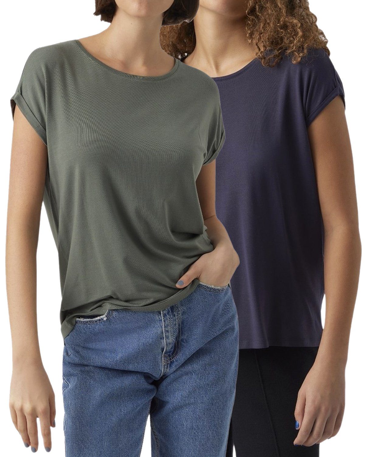 Vero Moda T-Shirt Stilvolles Basic Shirt mit Rundhalsausschnitt (2er-Pack) in Unifarbe