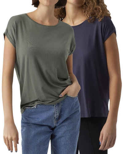 Vero Moda T-Shirt Stilvolles Basic Shirt mit Rundhalsausschnitt (2er-Pack) unifarbenes Oberteil aus Baumwollmischung