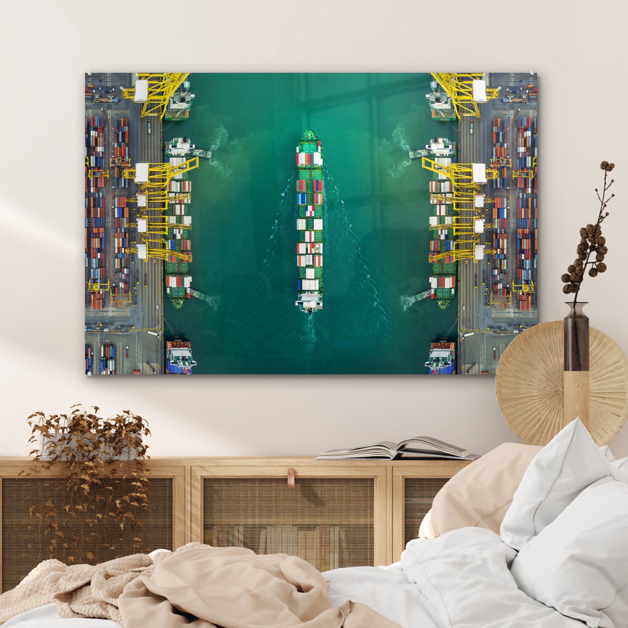(1 Frachtschiffs Wohnzimmer in MuchoWow Acrylglasbilder St), Luftaufnahme Schlafzimmer einem Hafen, & eines Acrylglasbild