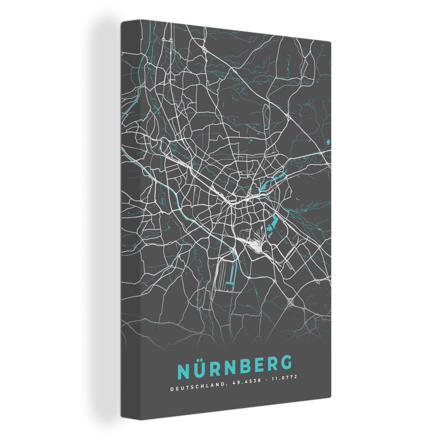 OneMillionCanvasses® Leinwandbild Stadtplan - cm - fertig St), inkl. - - Karte, Nürnberg (1 Blau Leinwandbild Gemälde, 20x30 bespannt Deutschland Zackenaufhänger