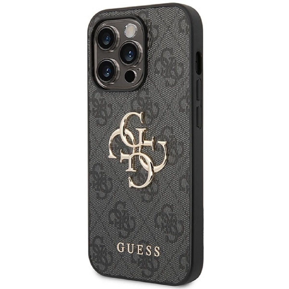 Guess Handyhülle Case iPhone 15 Pro Max Kunstleder grau mit goldfarben Logo 6,7 Zoll, Kantenschutz